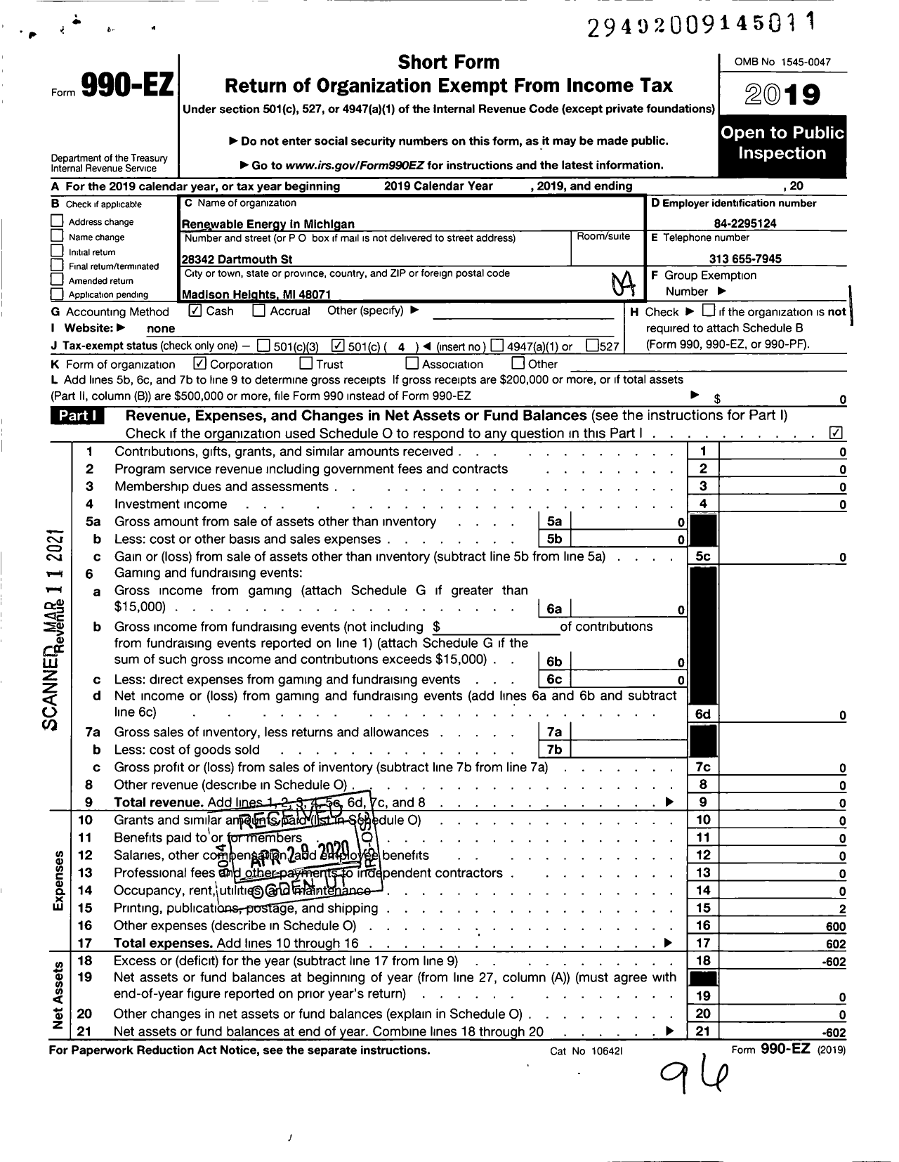 Image of first page of 2019 Form 990EO for Renewable Energy in Michigan