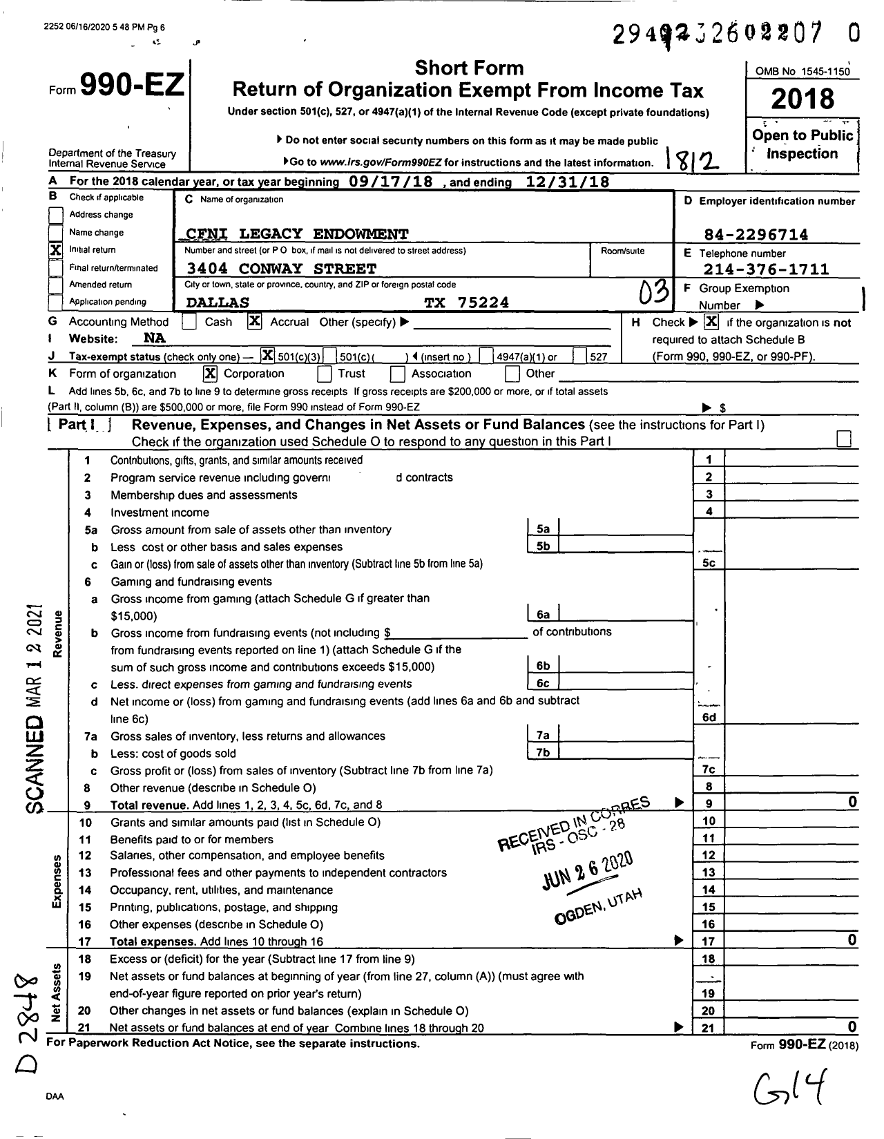 Image of first page of 2018 Form 990EZ for Cfni Legacy Endowment