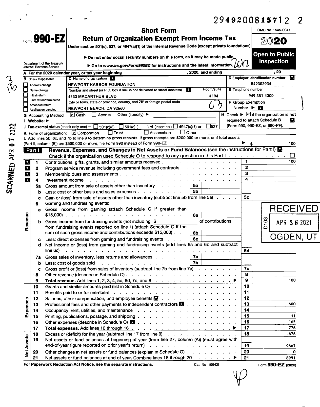 Image of first page of 2020 Form 990EZ for Newport Harbor Foundation