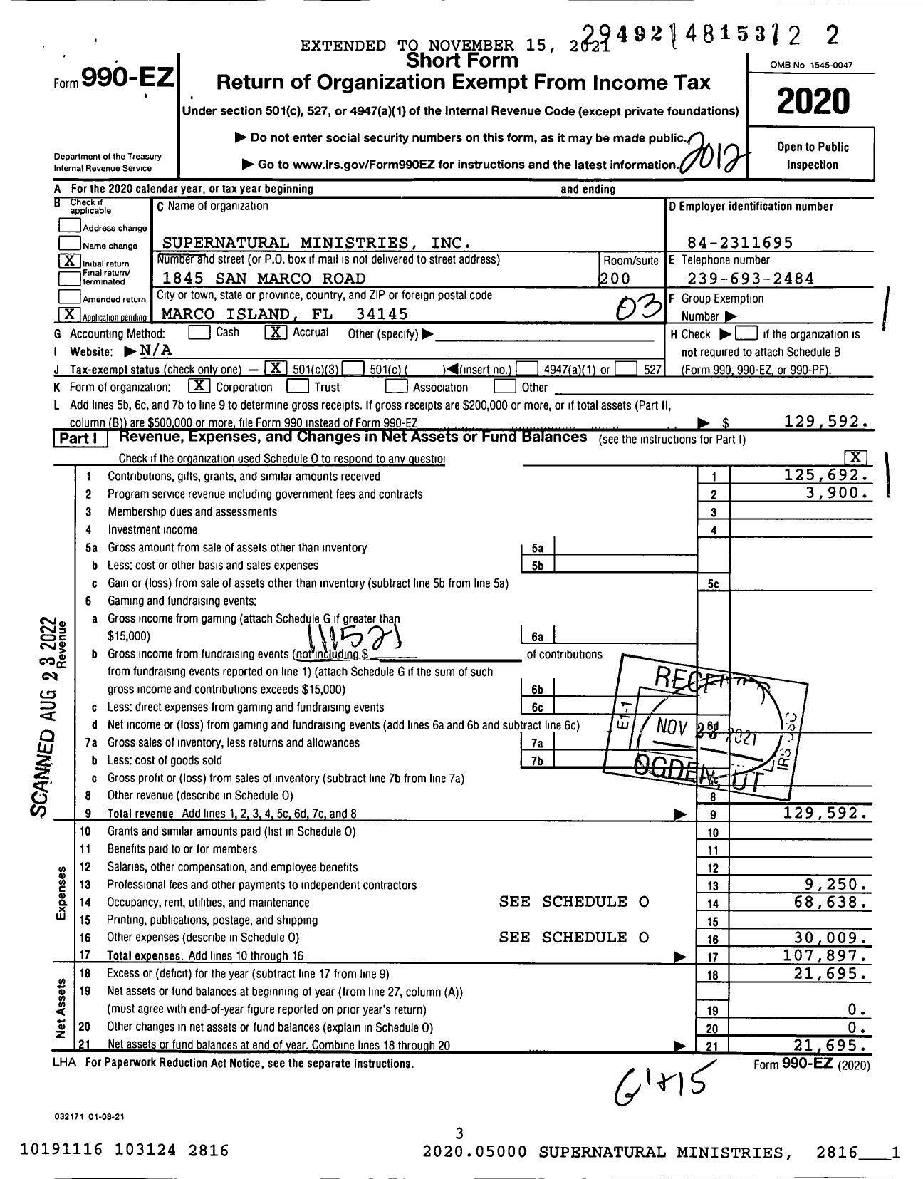 Image of first page of 2020 Form 990EZ for Supernatural Ministries