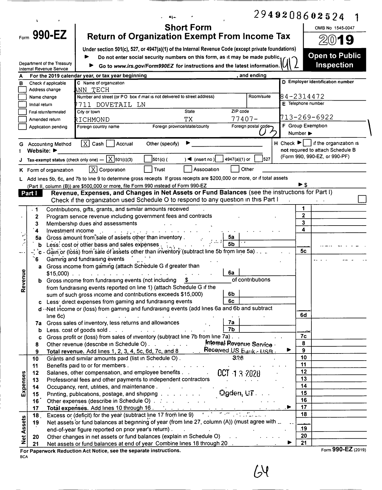 Image of first page of 2019 Form 990EZ for Ann Tech