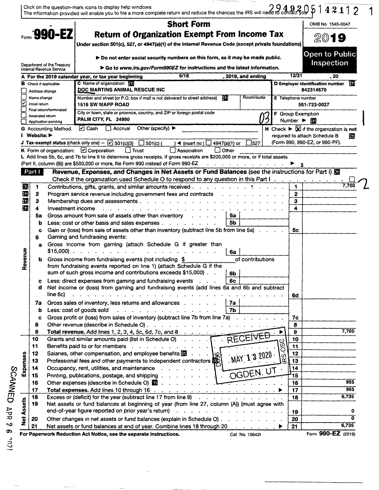 Image of first page of 2019 Form 990EZ for Doc Martins Animal Rescue