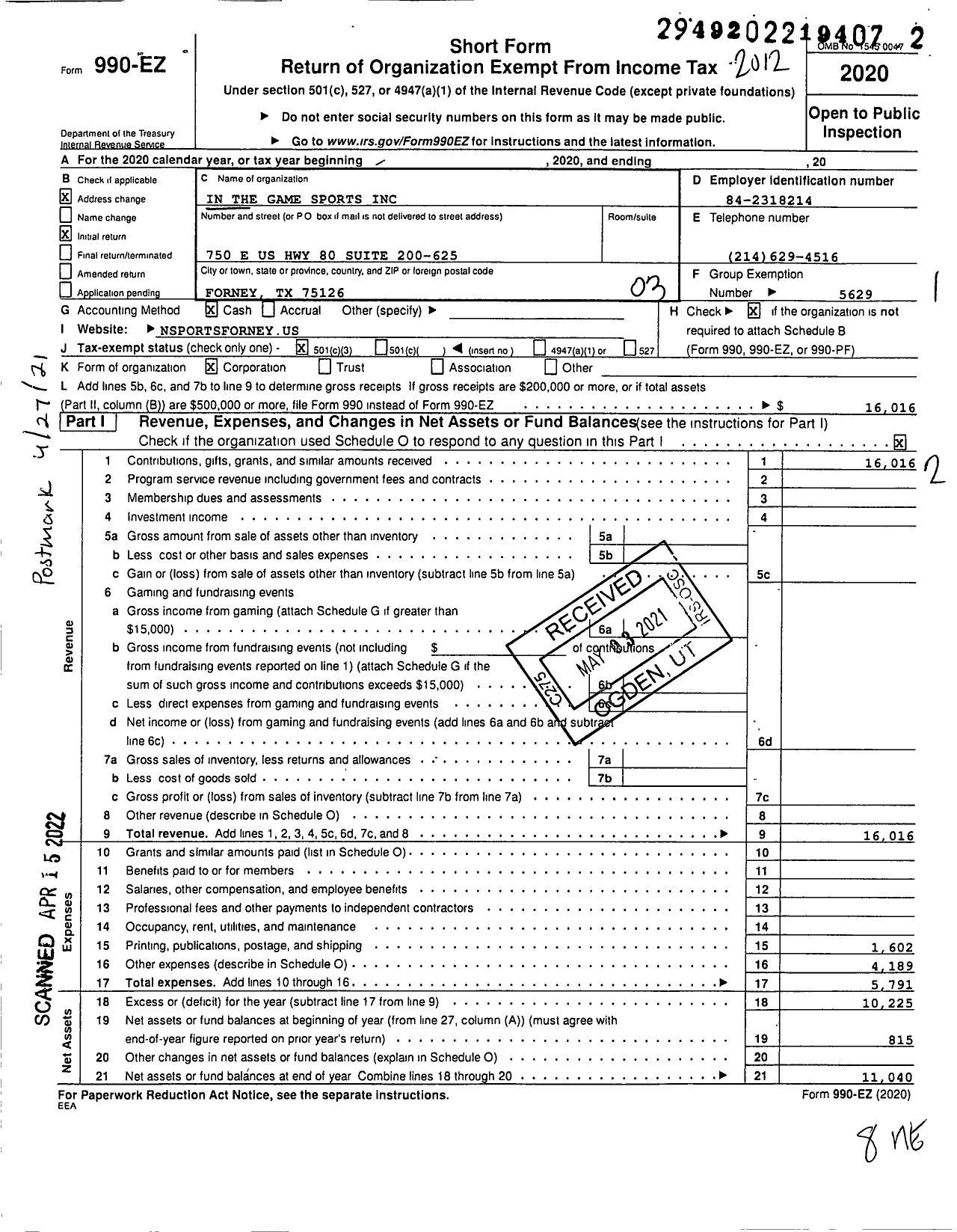 Image of first page of 2020 Form 990EZ for In the Game Sports