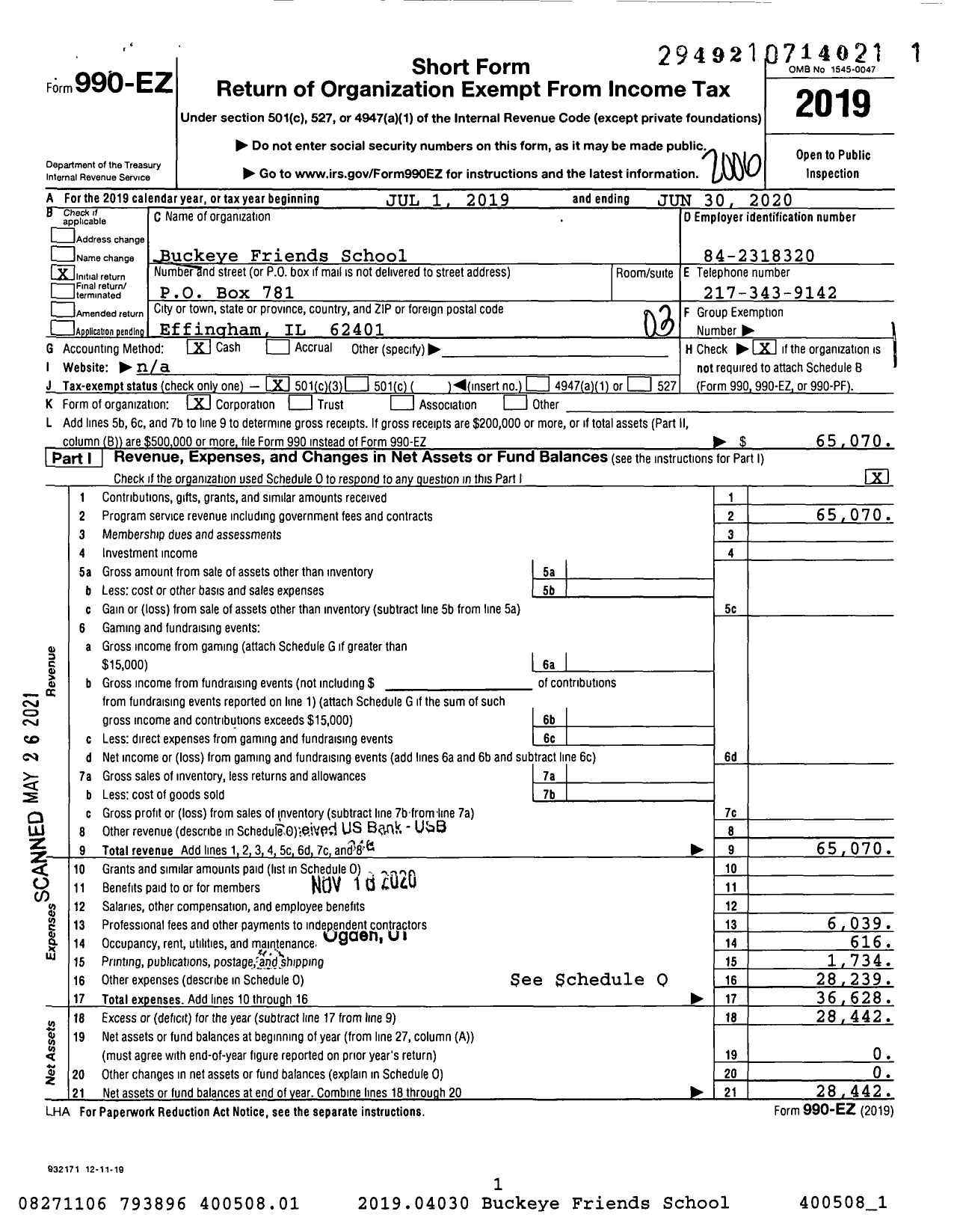 Image of first page of 2019 Form 990EZ for Buckeye Friends School