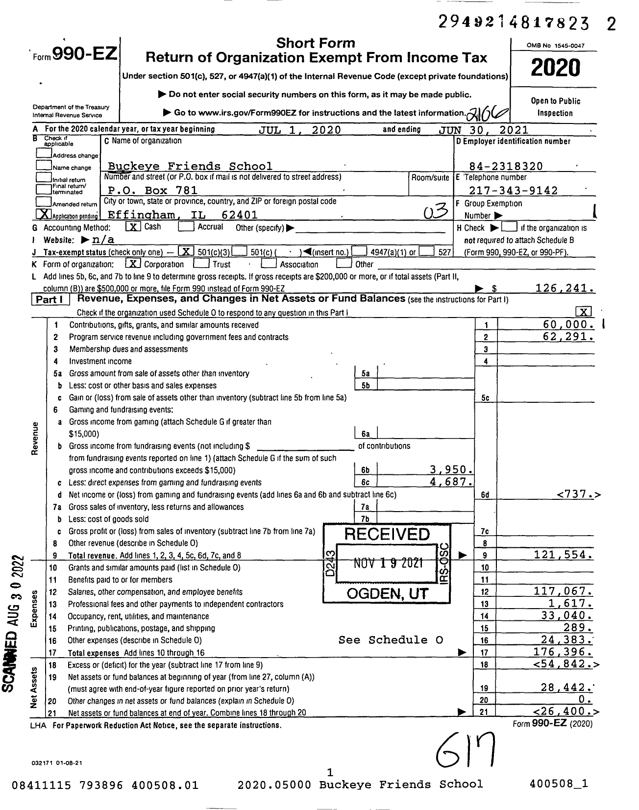 Image of first page of 2020 Form 990EZ for Buckeye Friends School