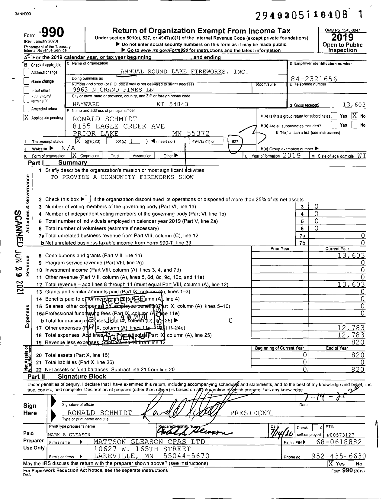 Image of first page of 2019 Form 990 for Annual Round Lake Fireworks