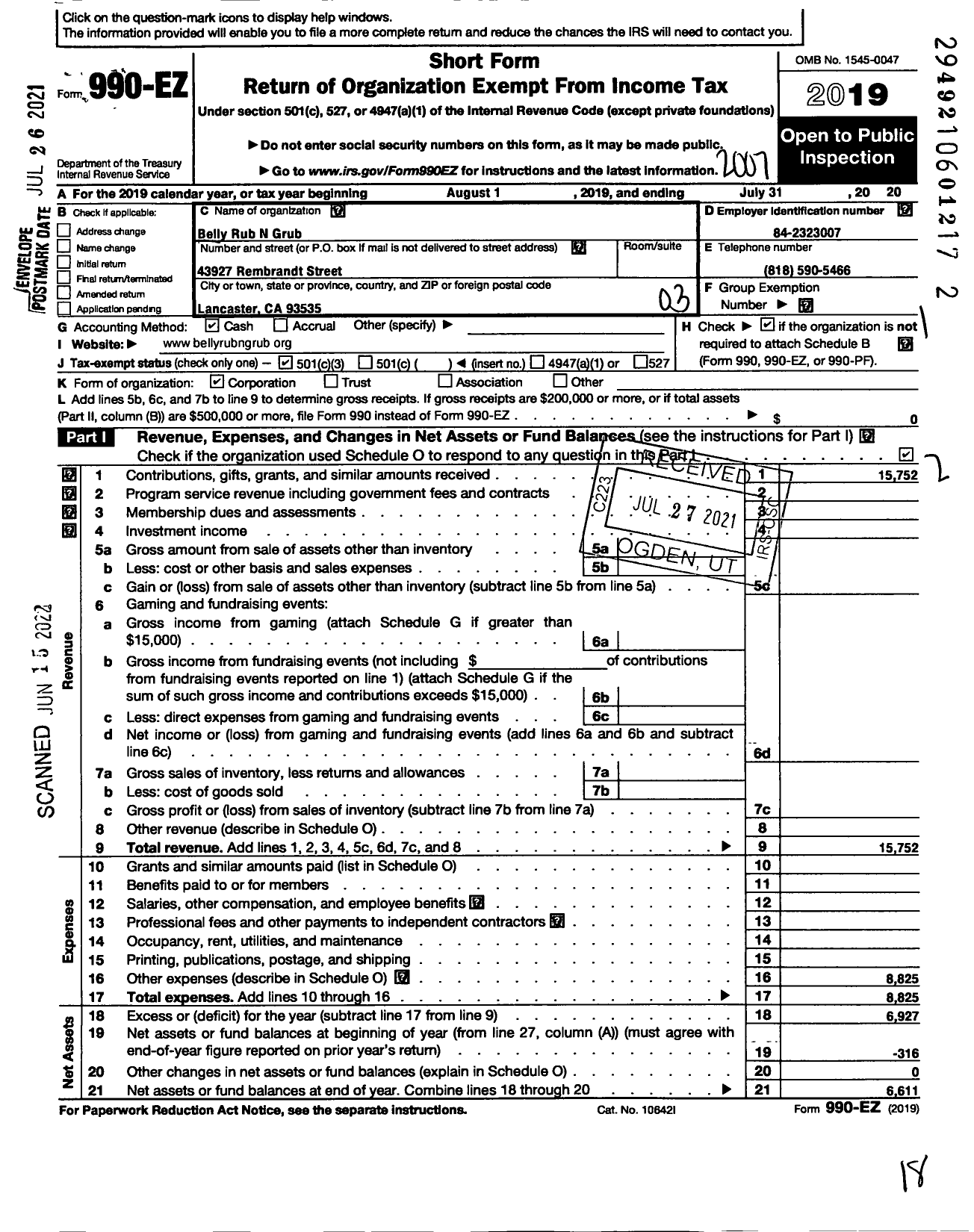 Image of first page of 2019 Form 990EZ for Belly Rub N Grub