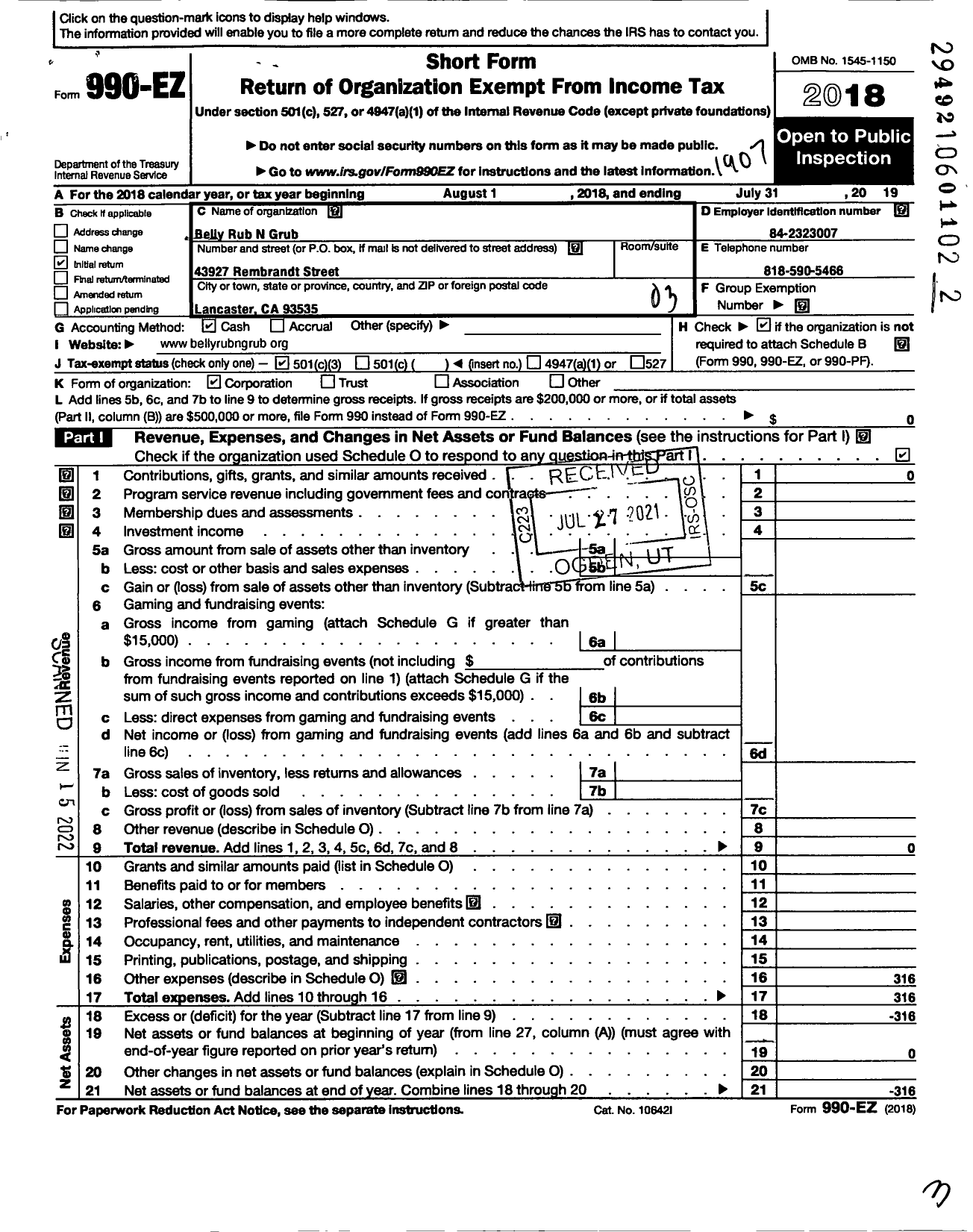 Image of first page of 2018 Form 990EZ for Belly Rub N Grub