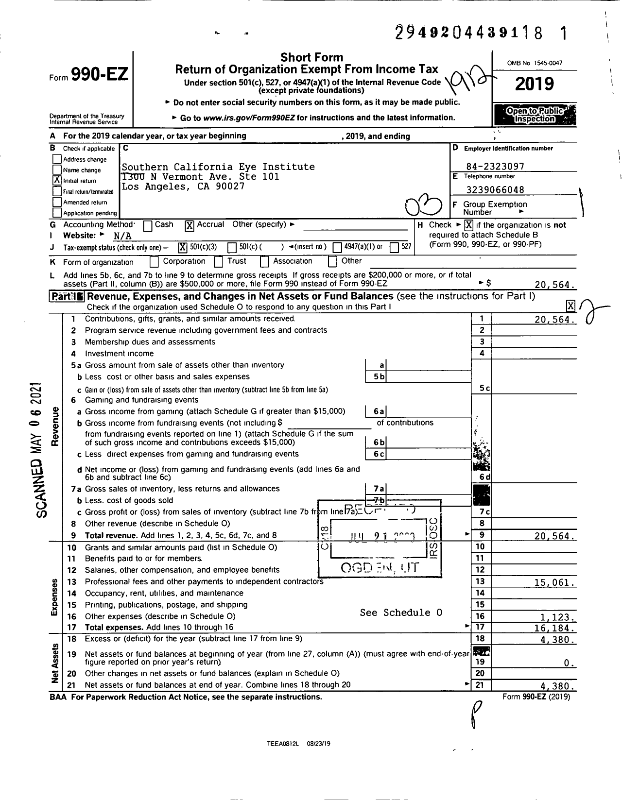 Image of first page of 2019 Form 990EZ for Southern California Eye Institute