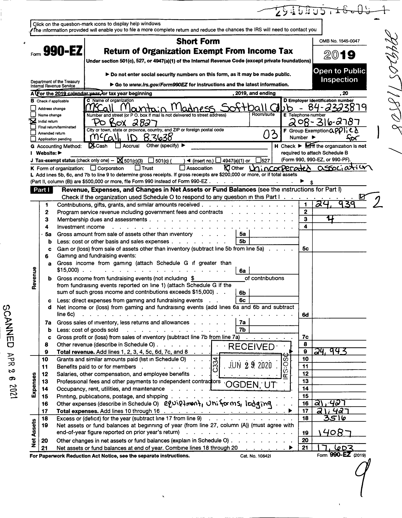 Image of first page of 2019 Form 990EZ for Mccall Mountain Madness Softball Club