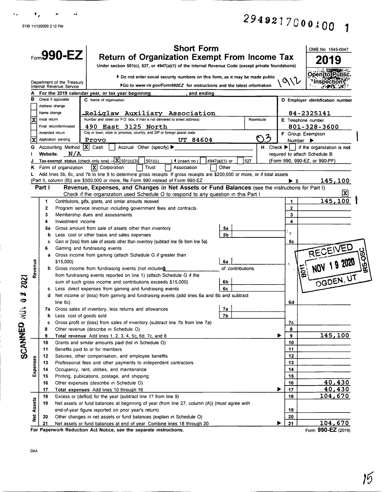 Image of first page of 2019 Form 990EZ for Religlaw Auxiliary Association