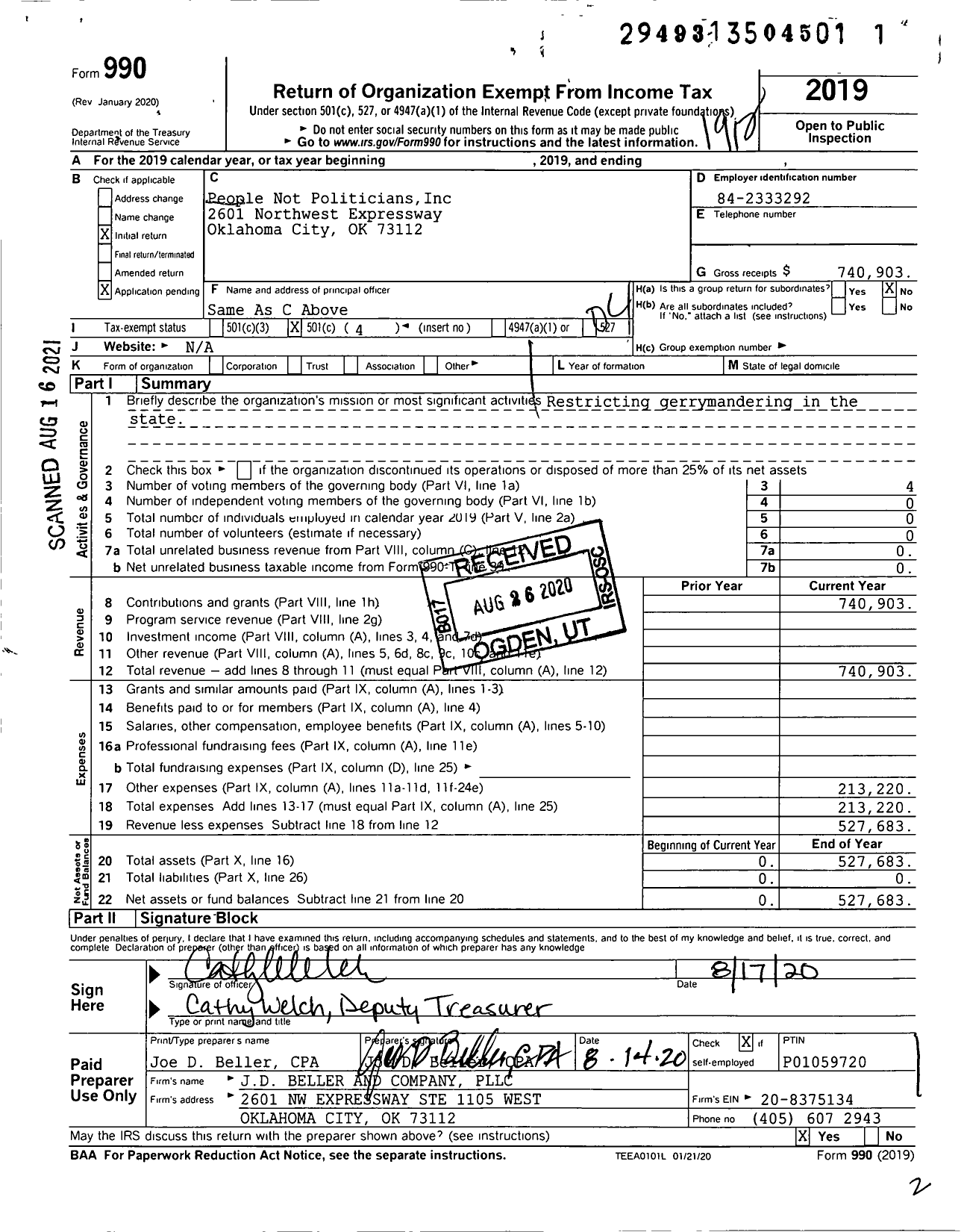 Image of first page of 2019 Form 990O for People Not Politicians