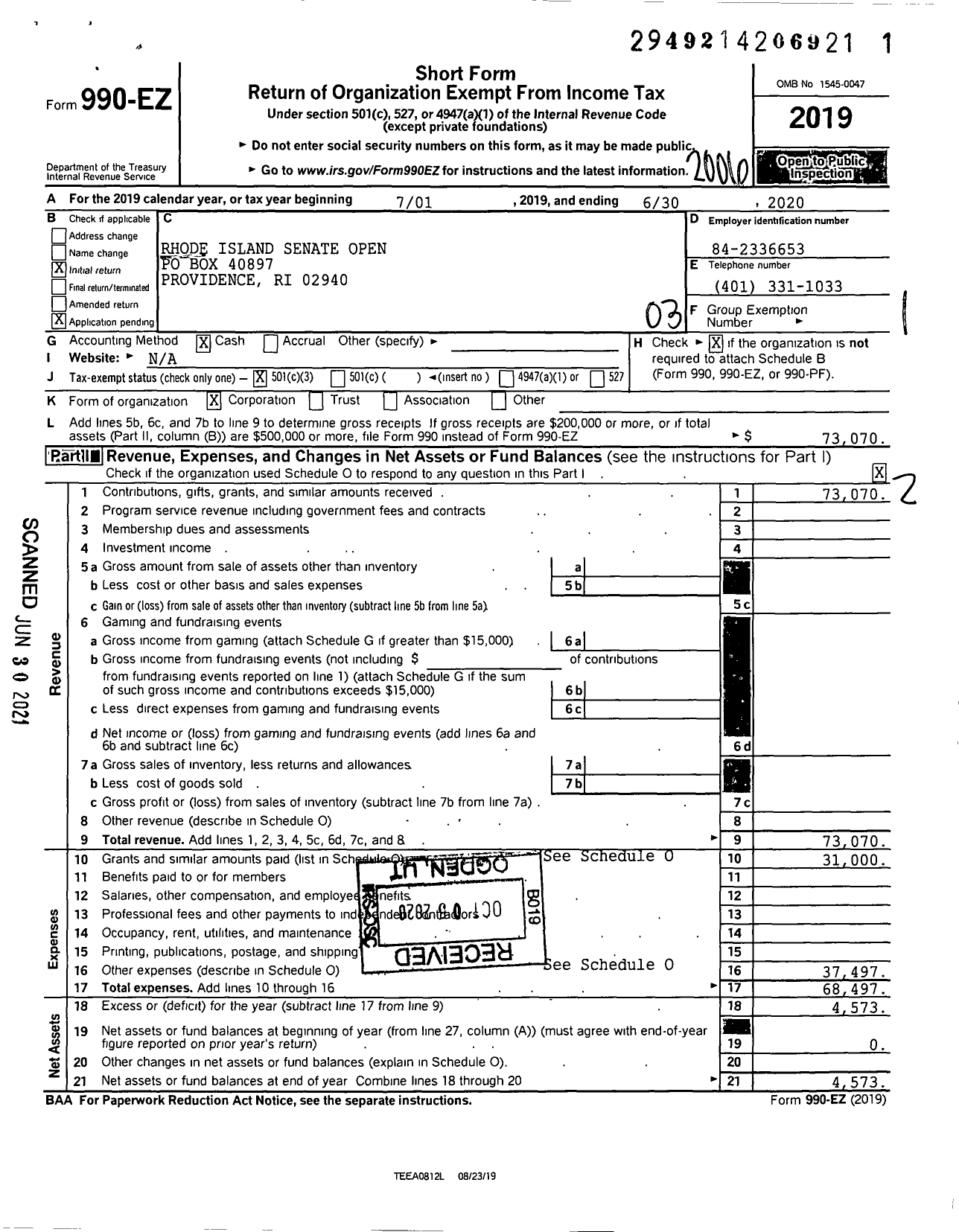 Image of first page of 2019 Form 990EZ for Rhode Island Senate Open