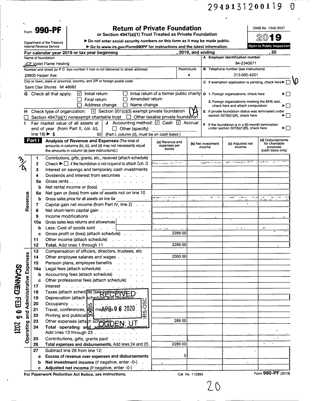 Image of first page of 2019 Form 990PF for JCF Violet Flame Healing