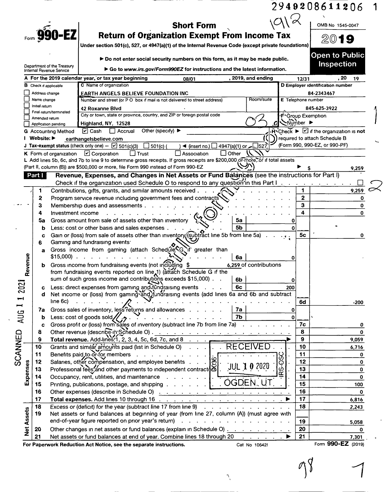 Image of first page of 2019 Form 990EZ for Earth Angels Believe Foundation