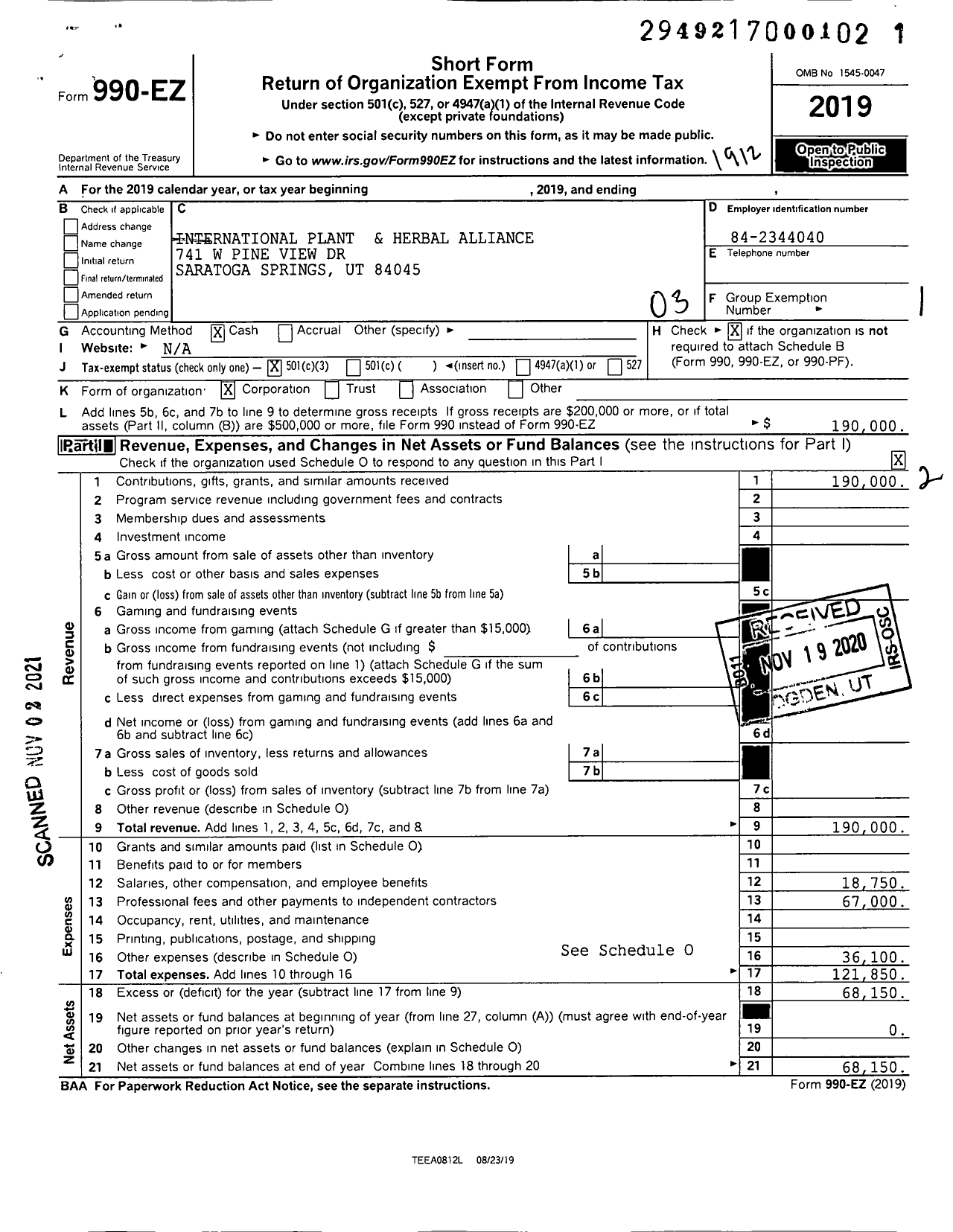 Image of first page of 2019 Form 990EZ for International Plant and Herbal Alliance