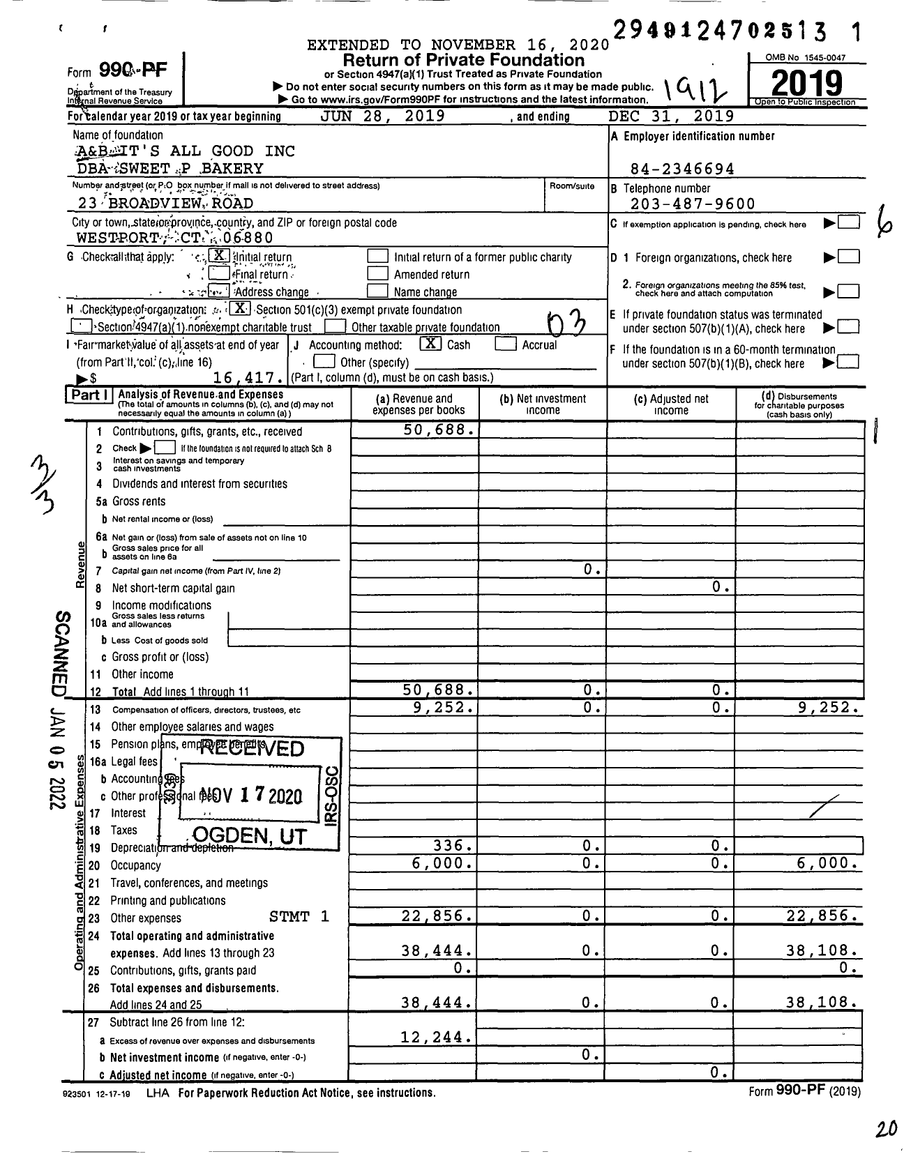 Image of first page of 2019 Form 990PF for Sweet P Bakery