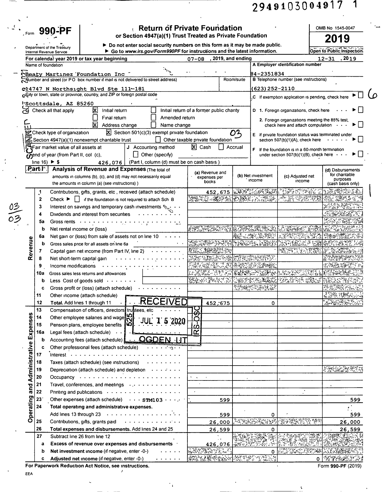 Image of first page of 2019 Form 990PF for Beaty Martinez Foundation