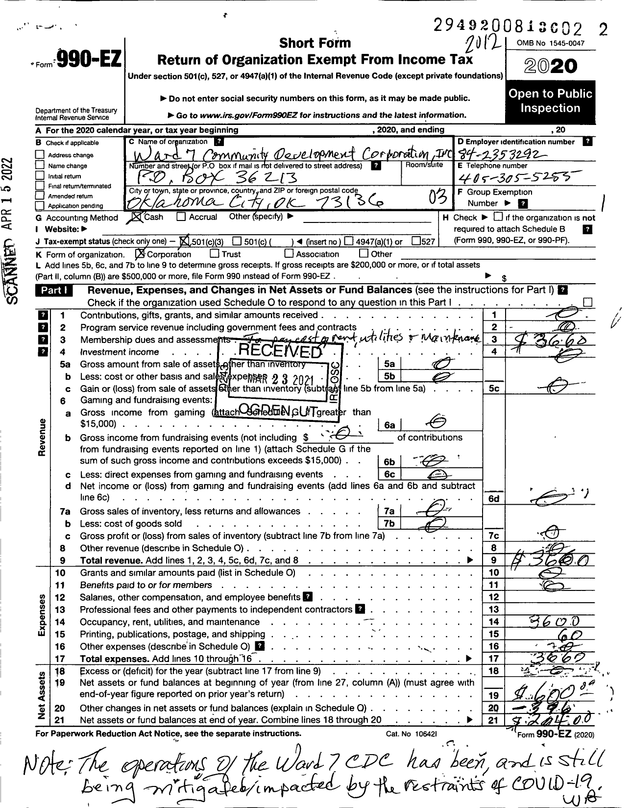 Image of first page of 2020 Form 990EZ for Ward 7 Community Development Corporation