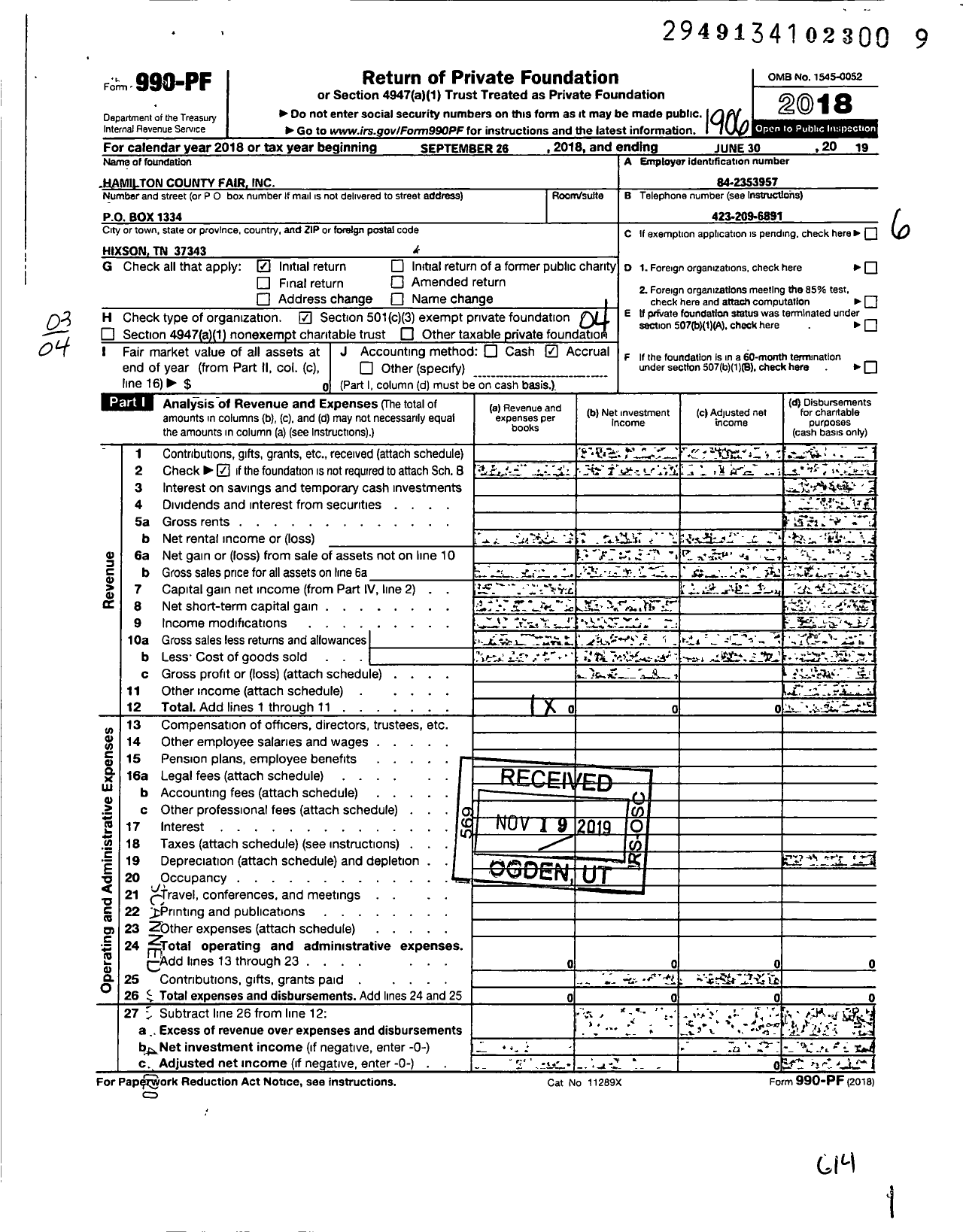 Image of first page of 2018 Form 990PF for Hamilton County Fair