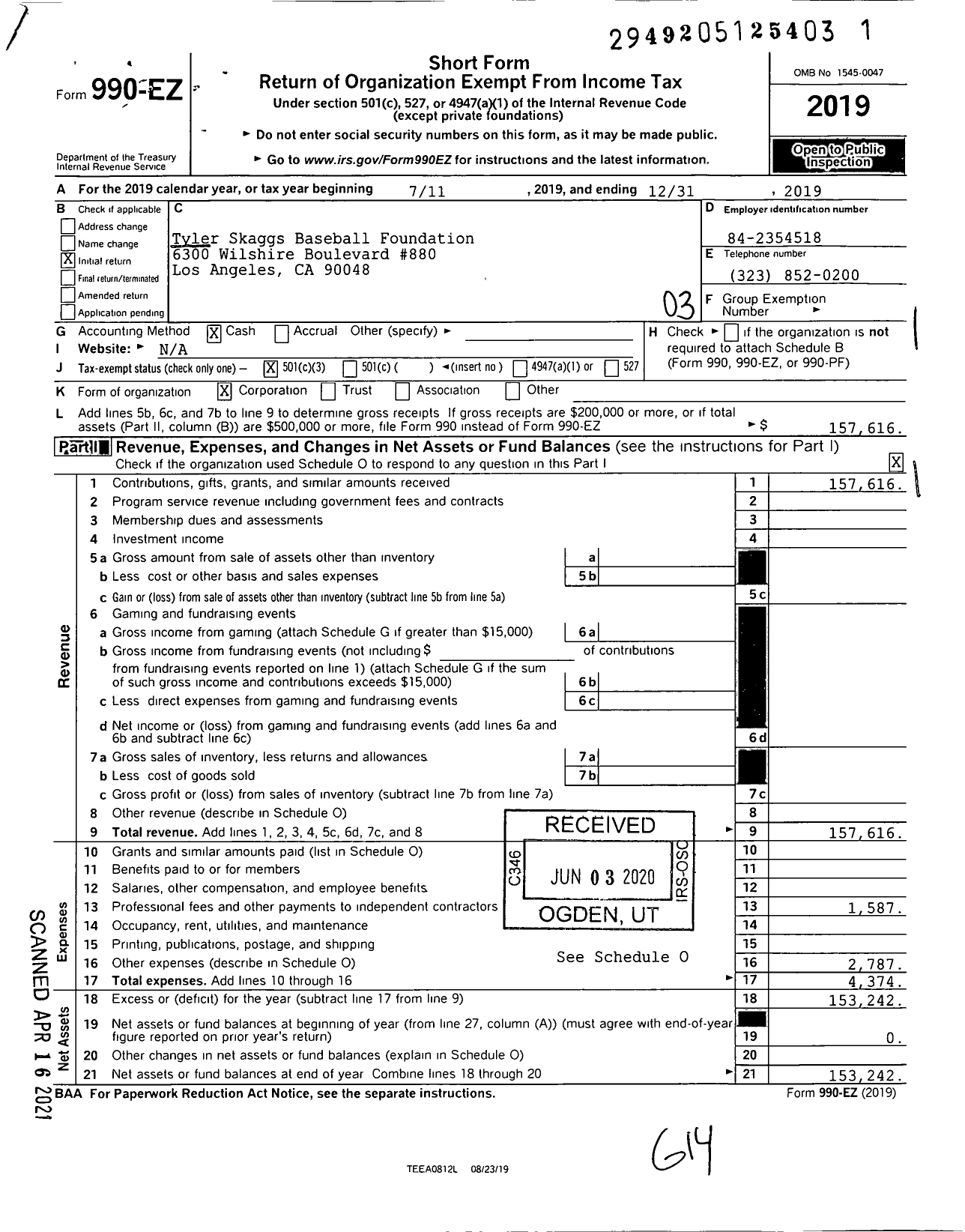 Image of first page of 2019 Form 990EZ for Tyler Skaggs Foundation