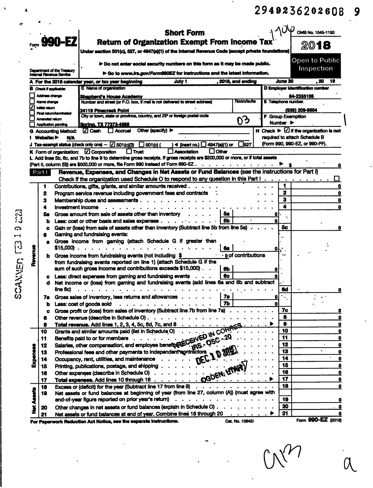 Image of first page of 2018 Form 990EZ for Shepherds House Academy