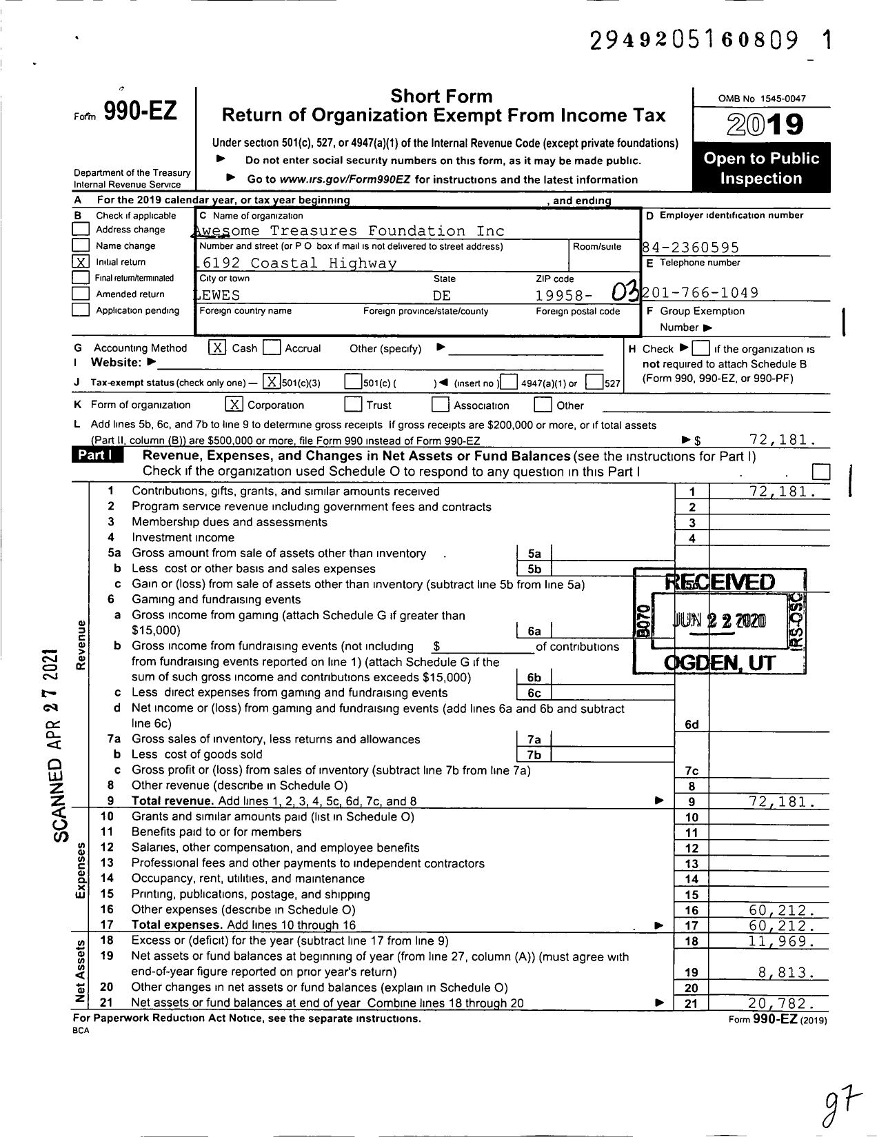 Image of first page of 2019 Form 990EZ for Awesome Treasures Foundation