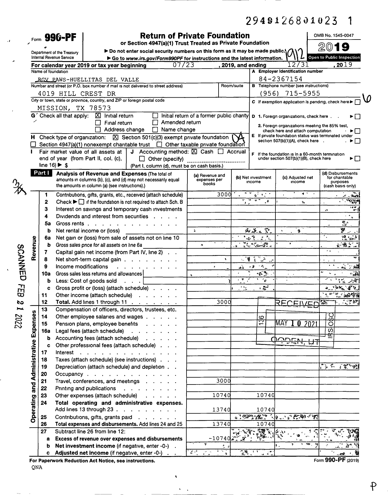 Image of first page of 2019 Form 990PF for RGV Paws Huellitas Del Valle