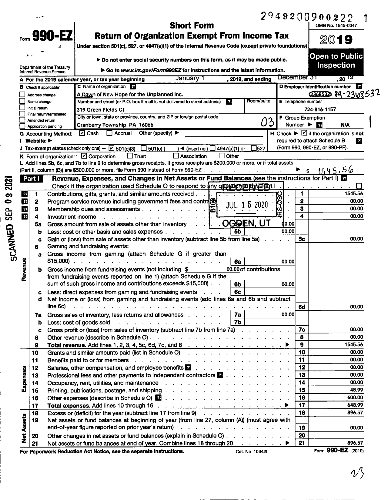 Image of first page of 2019 Form 990EZ for A Dawn of New Hope for the Unplanned