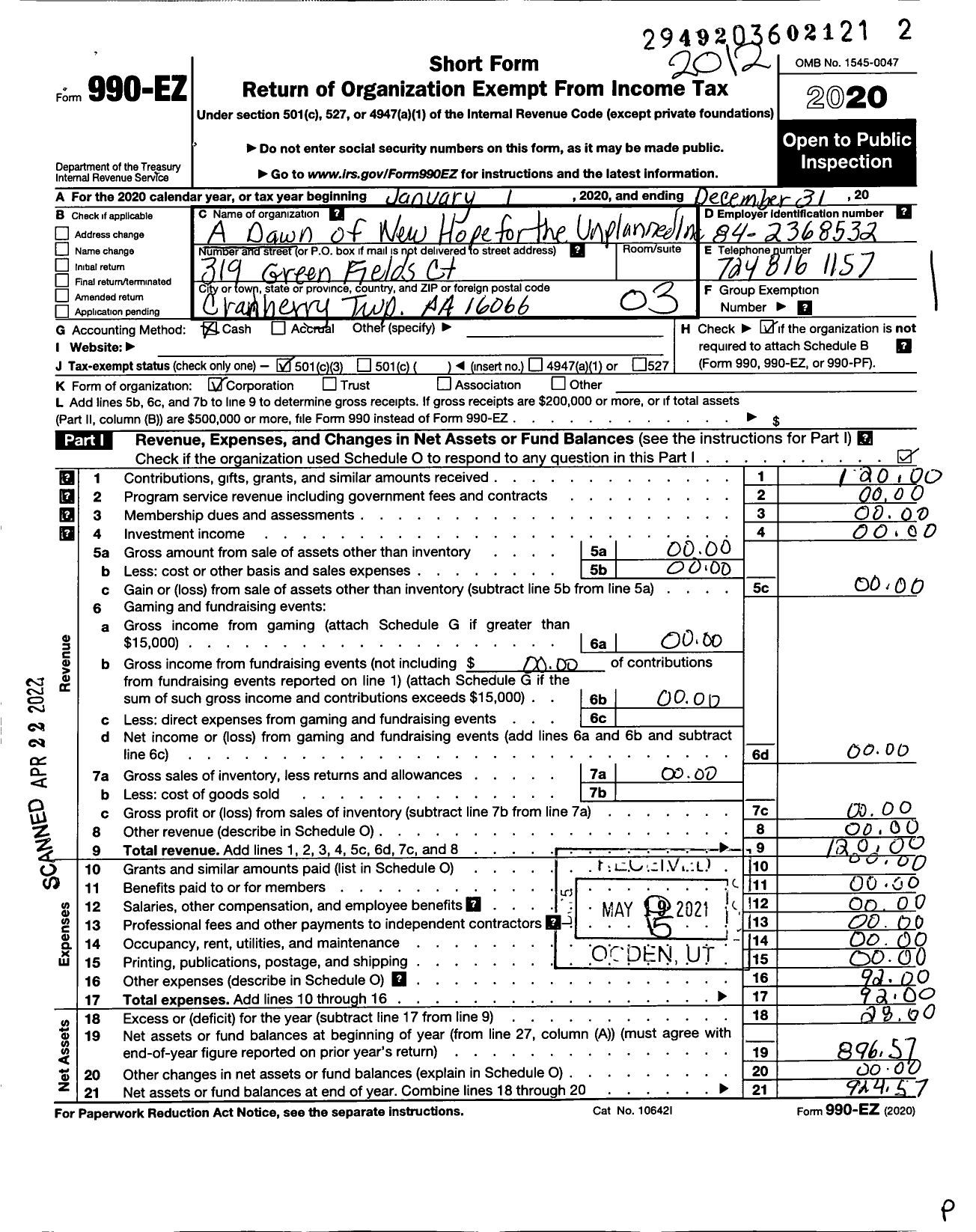 Image of first page of 2020 Form 990EZ for A Dawn of New Hope for the Unplanned