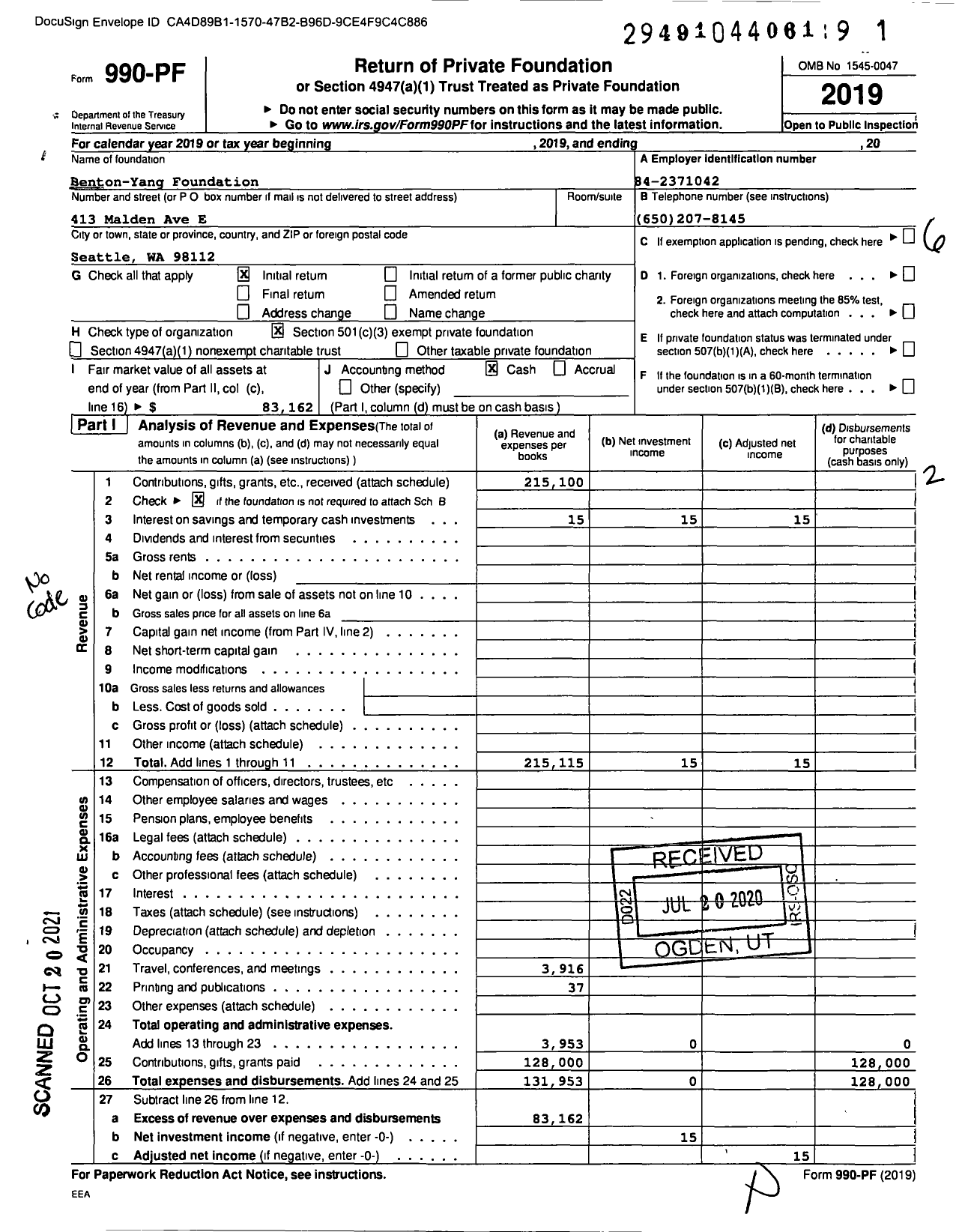 Image of first page of 2019 Form 990PF for Benton-Yang Foundation