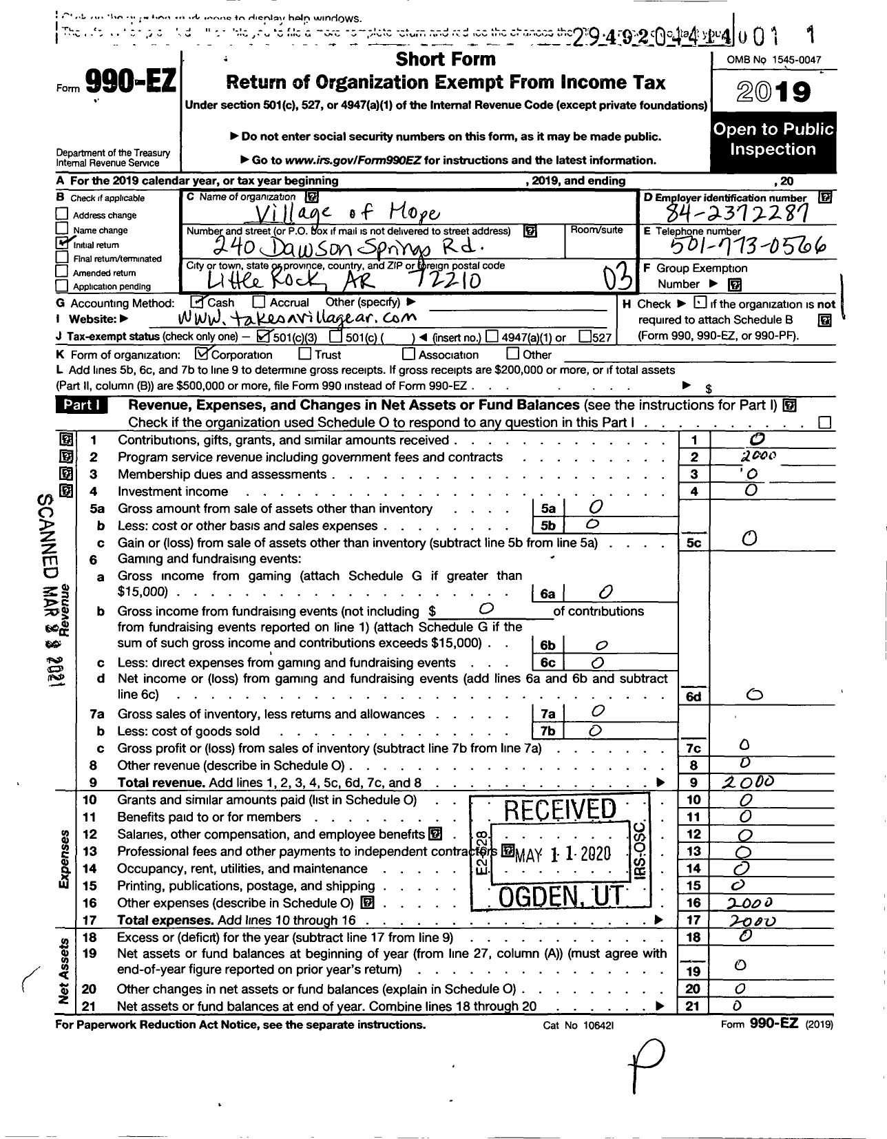 Image of first page of 2019 Form 990EZ for Village of Hope