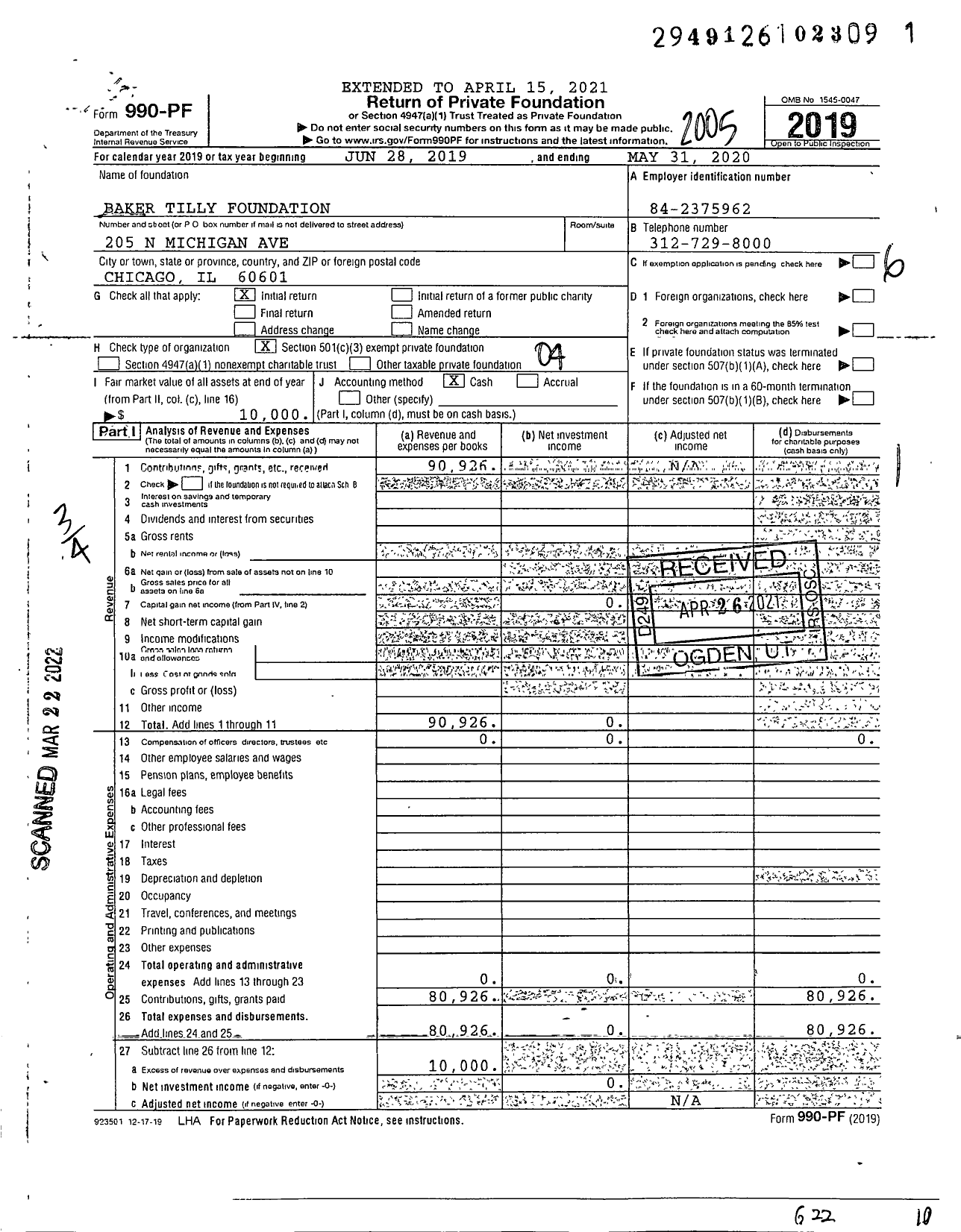 Image of first page of 2019 Form 990PF for Baker Tilly Foundation