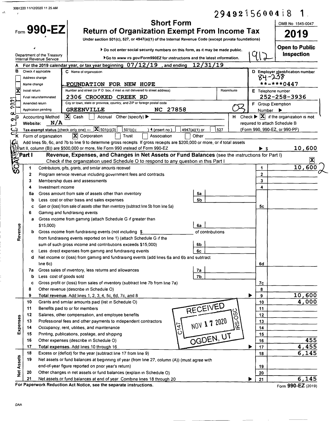 Image of first page of 2019 Form 990EZ for Foundation for New Hope