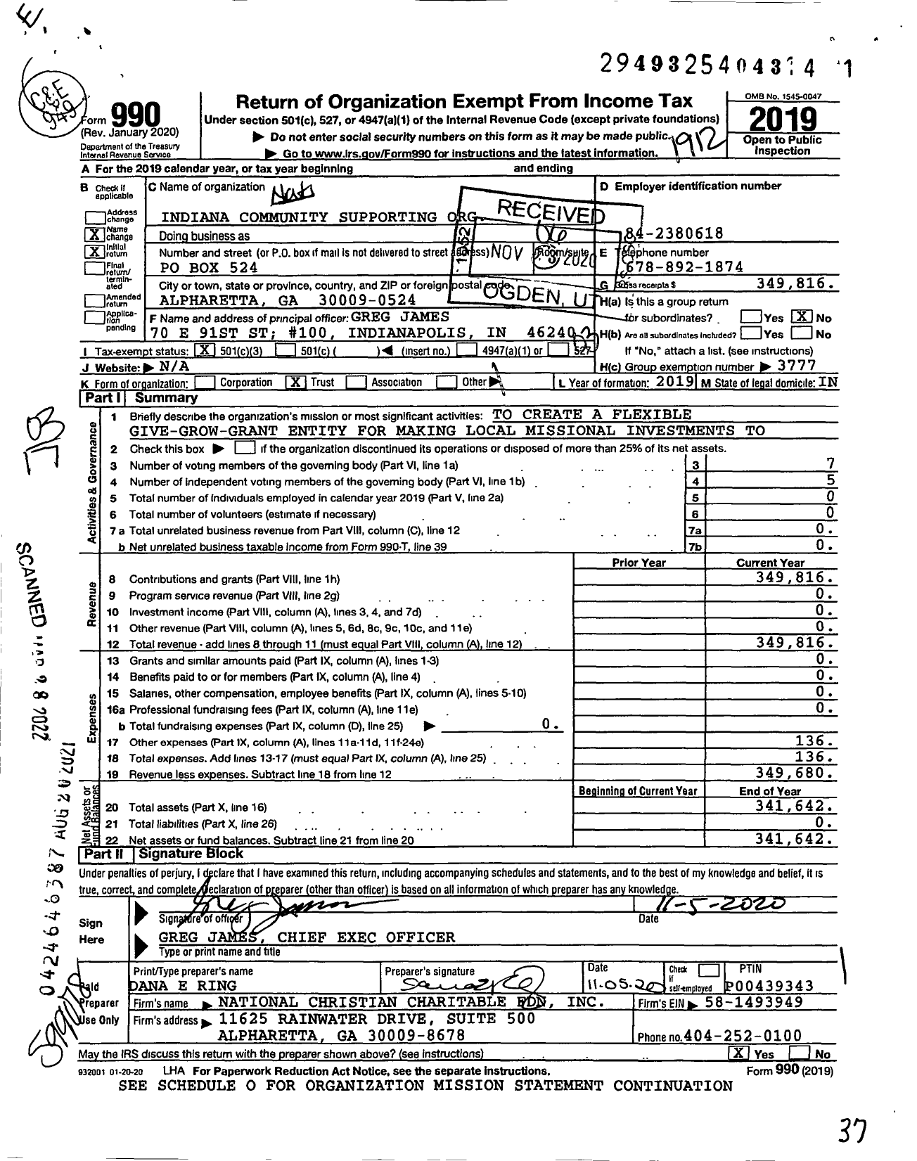 Image of first page of 2019 Form 990 for Catalyst Trust of Indiana