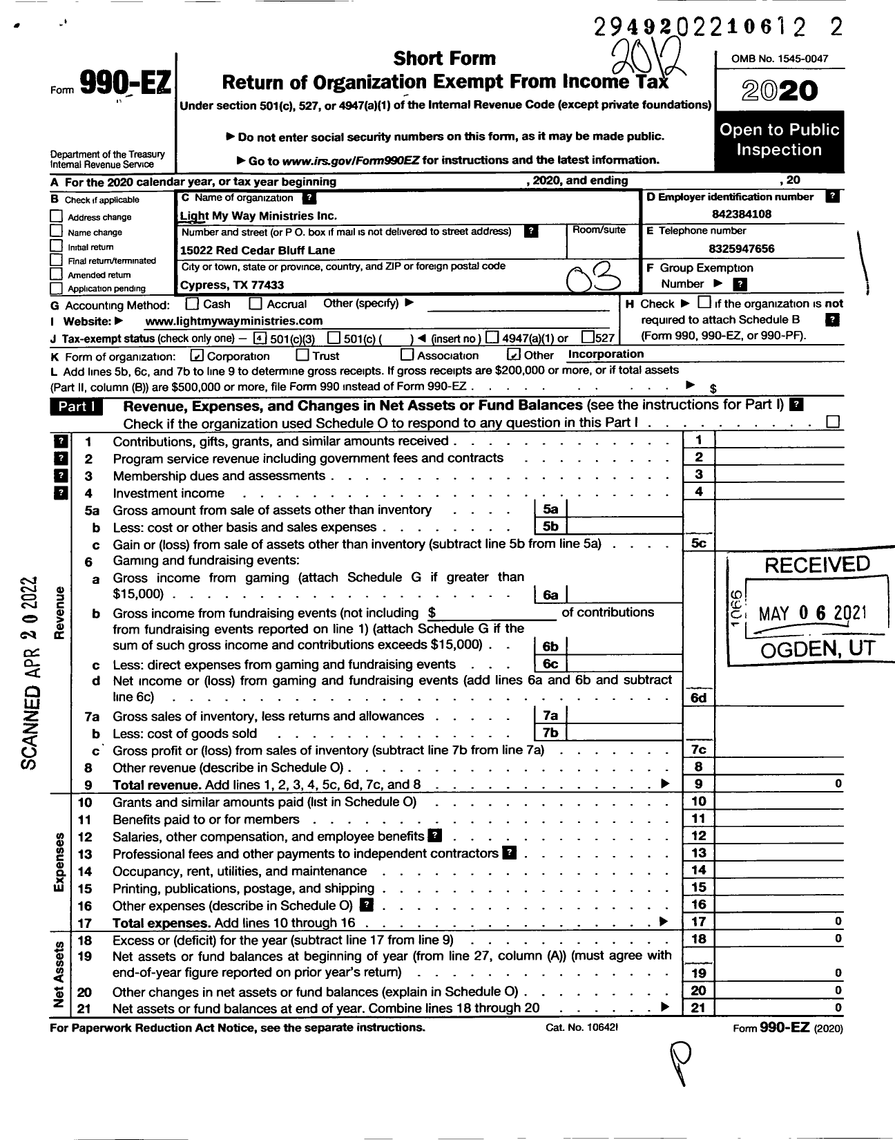 Image of first page of 2020 Form 990EZ for Light My Way Ministries Incorporated