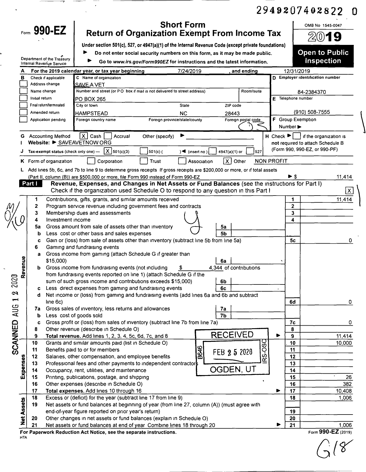 Image of first page of 2019 Form 990EZ for Save A Vet