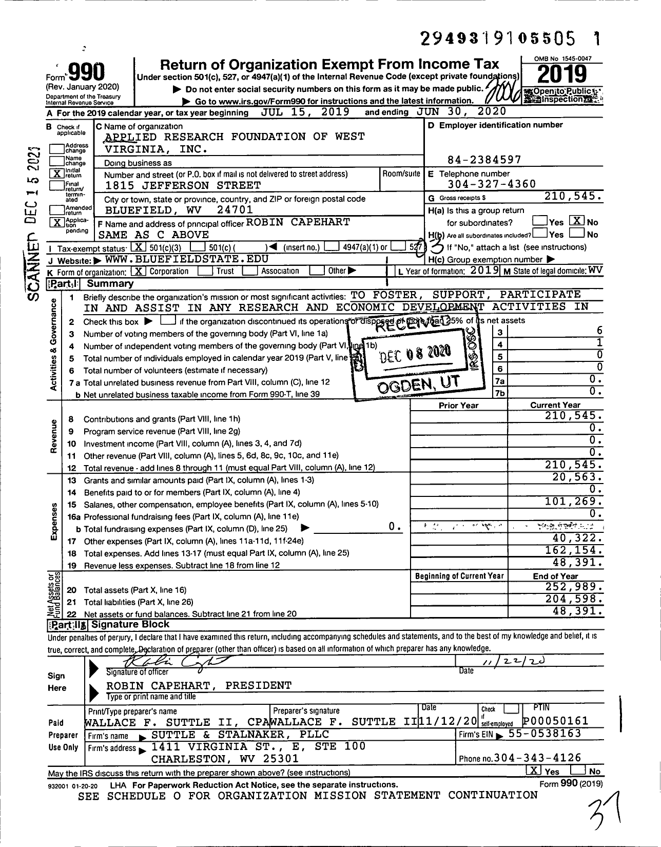 Image of first page of 2019 Form 990 for Applied Research Foundation of West Virginia