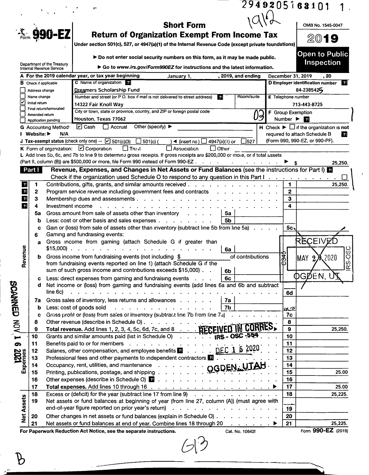 Image of first page of 2019 Form 990EZ for Dreamers Scholarship Fund