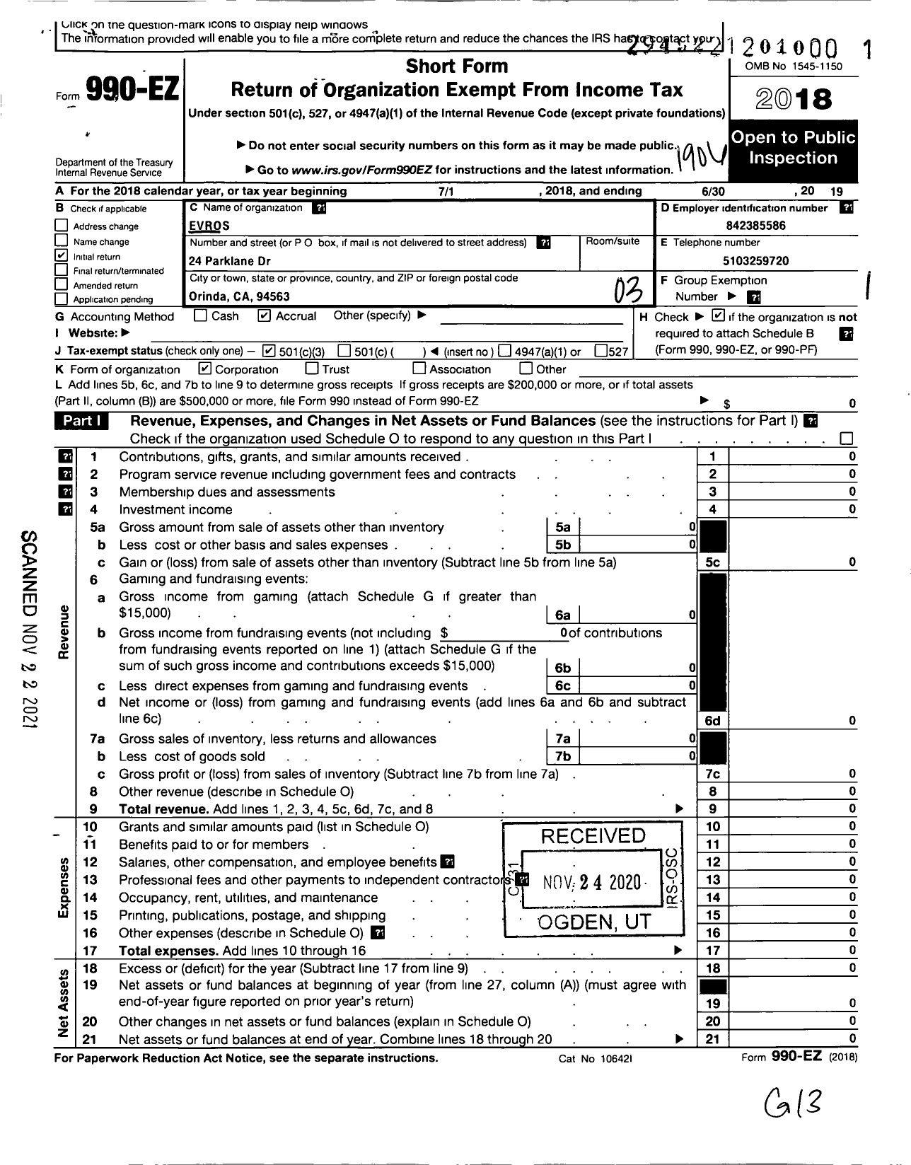 Image of first page of 2018 Form 990EZ for Evros