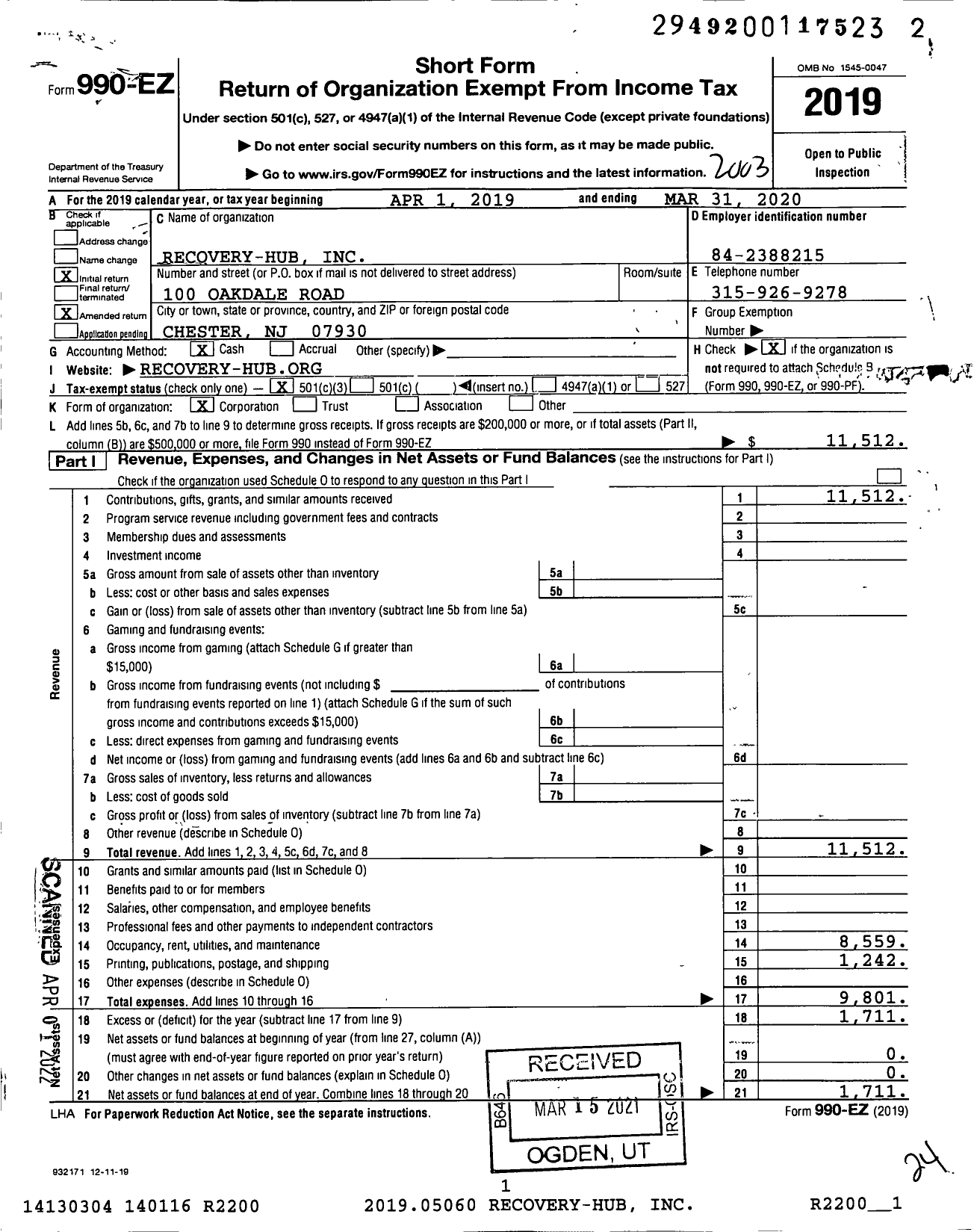 Image of first page of 2019 Form 990EZ for Recovery-Hub