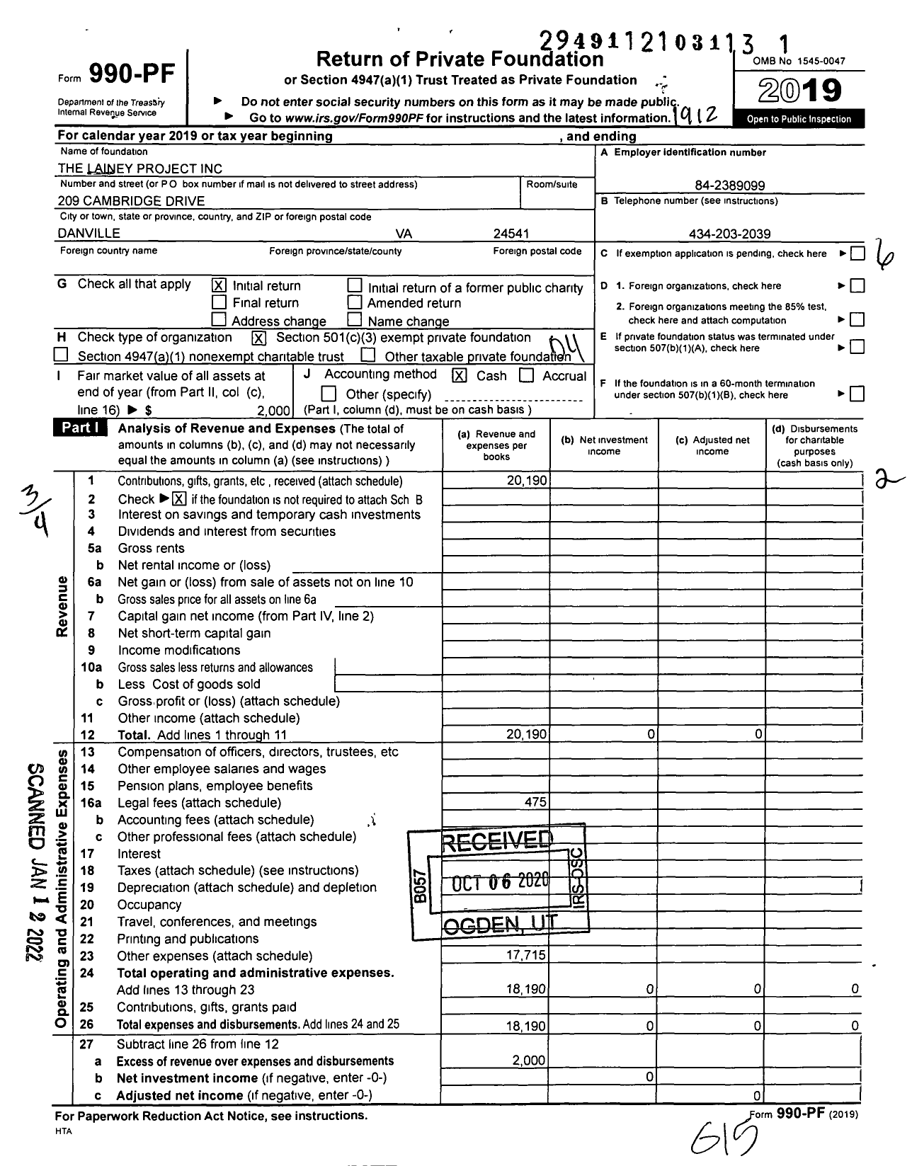 Image of first page of 2019 Form 990PF for Lainey Project