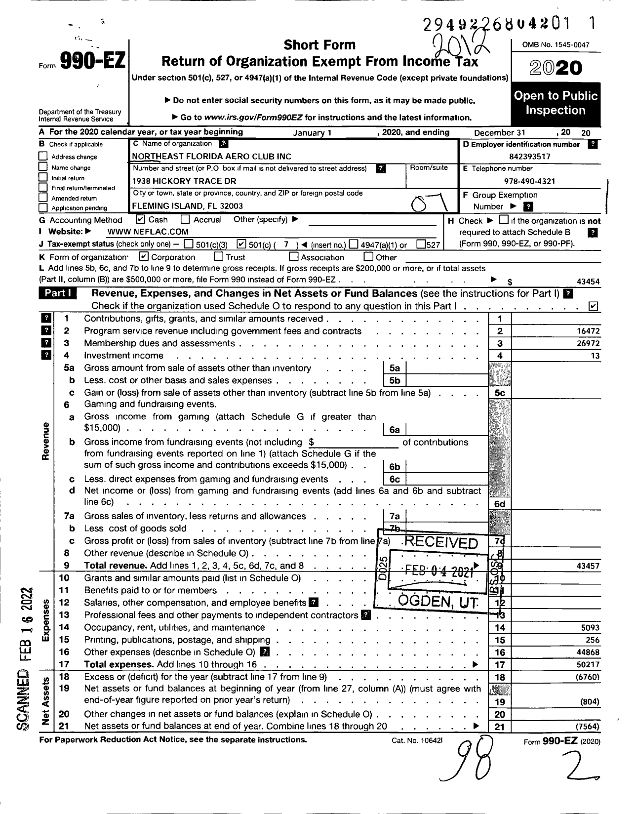 Image of first page of 2020 Form 990EO for Northeast Florida Aero Club