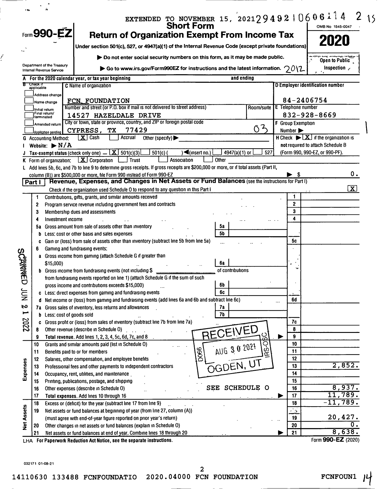 Image of first page of 2020 Form 990EZ for FCN Foundation