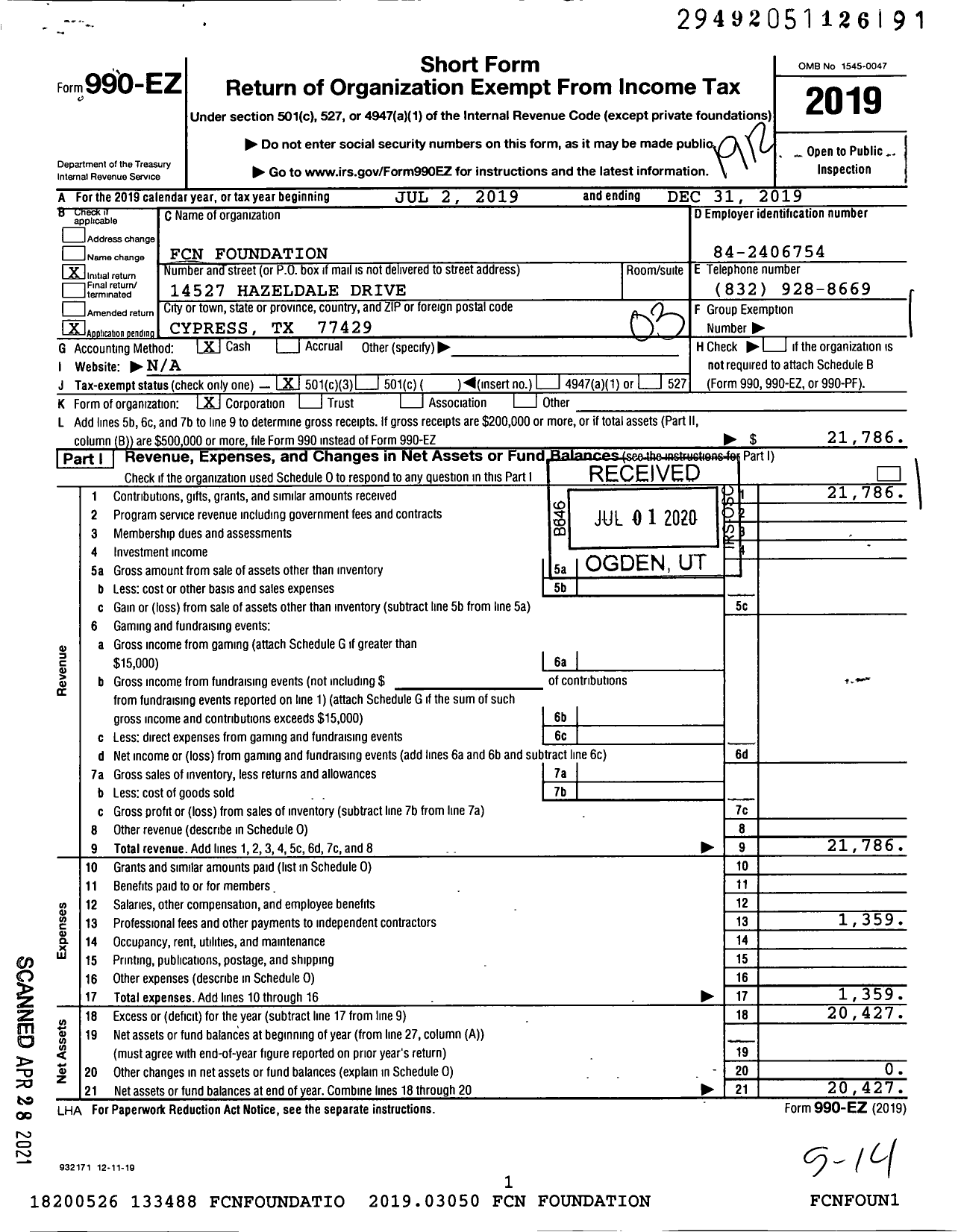 Image of first page of 2019 Form 990EZ for FCN Foundation