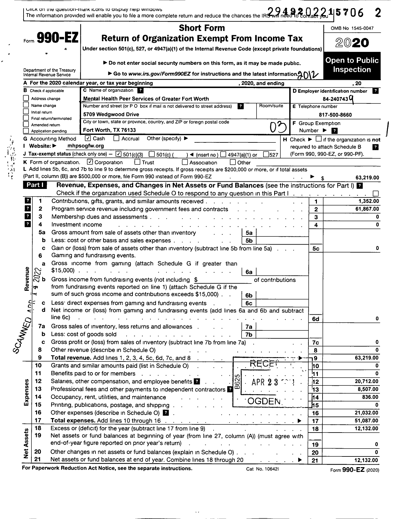 Image of first page of 2020 Form 990EZ for Mental Health Peer Services of Greater Fort Worth