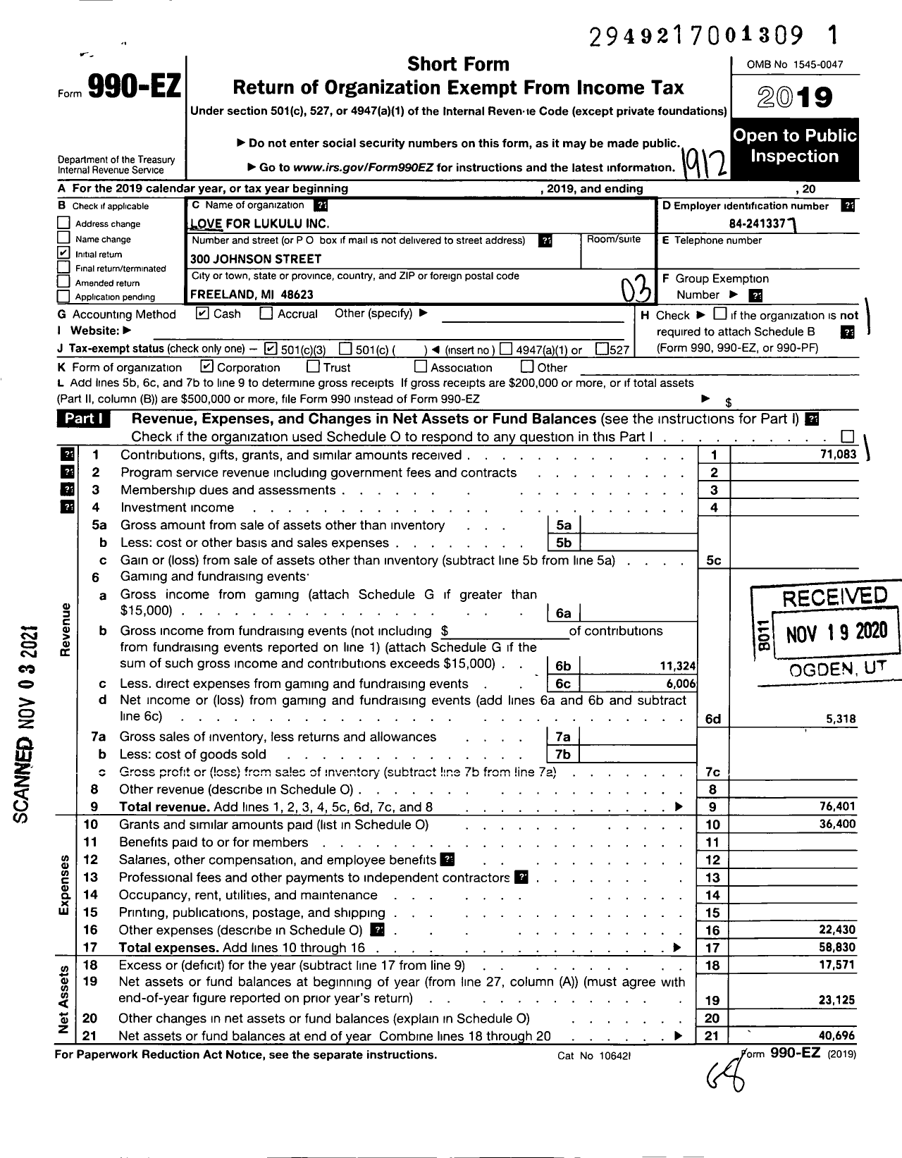 Image of first page of 2019 Form 990EZ for Love for Lukulu