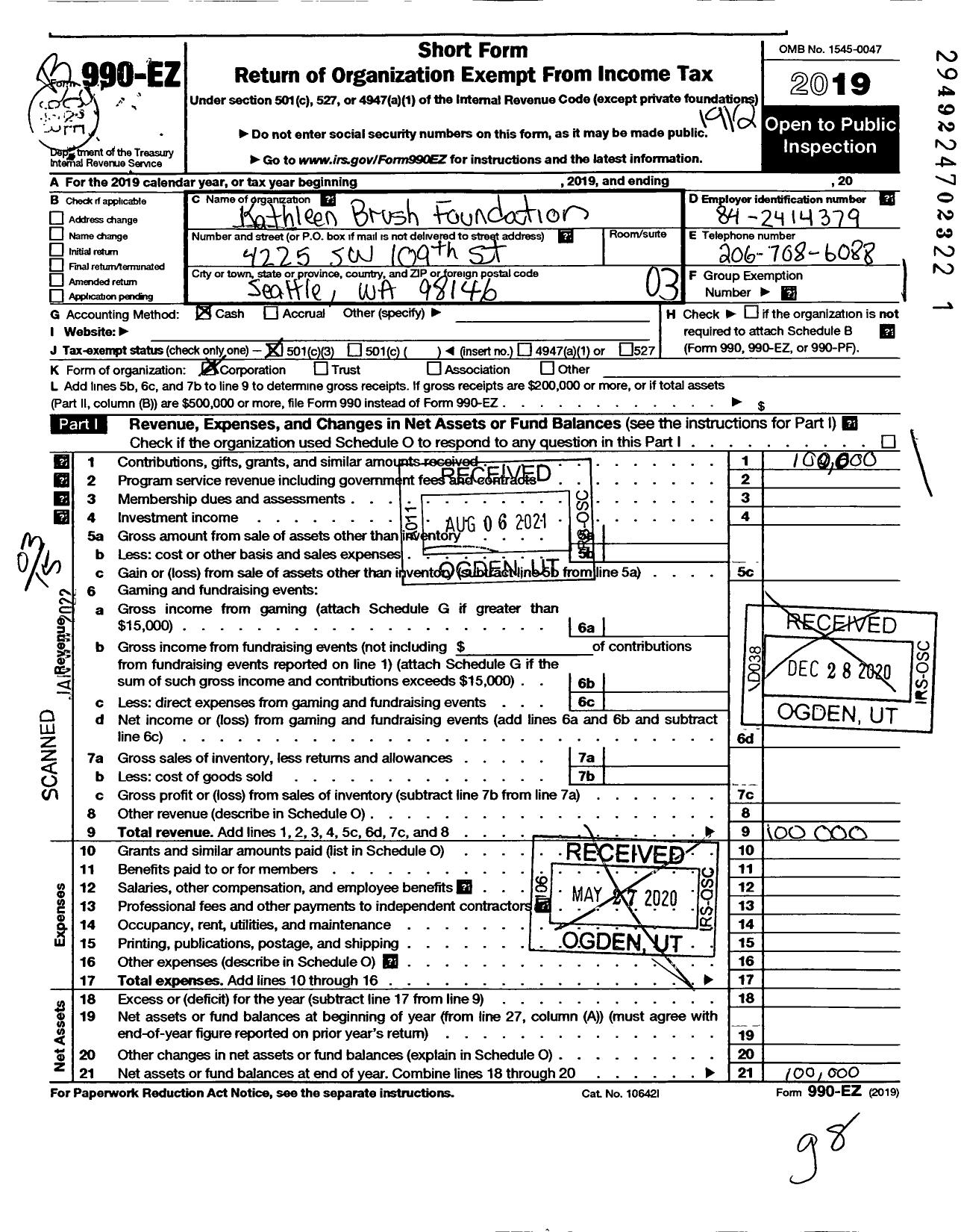 Image of first page of 2019 Form 990EZ for Kathleen Brush Foundation