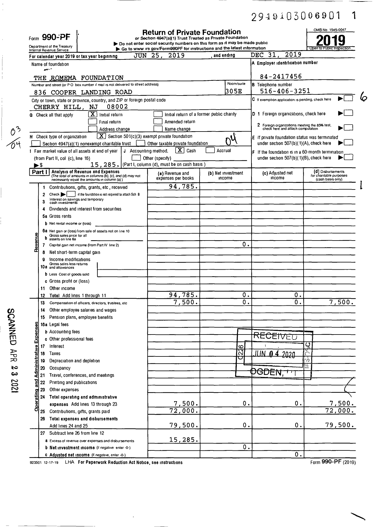 Image of first page of 2019 Form 990PF for Romema Foundation