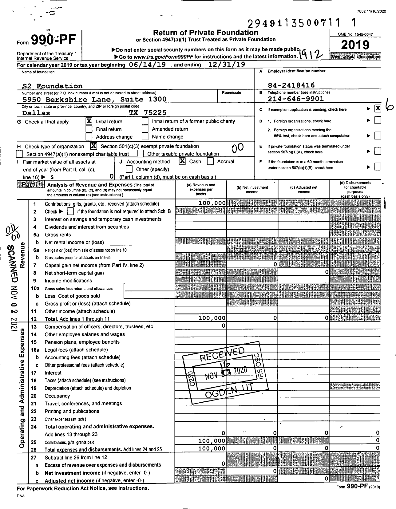 Image of first page of 2019 Form 990PF for S2 Foundation